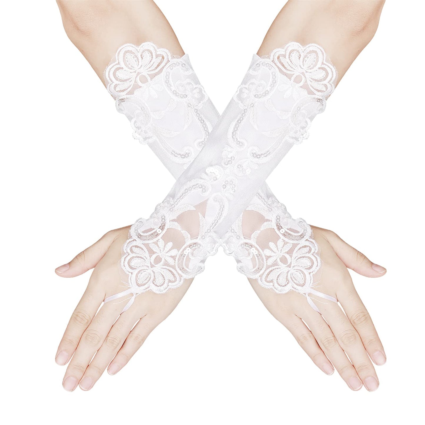 Women's Fingerless Lace Gloves Short Embroidered Opera Gloves 1920s Gloves Bridal Satin Lace Gloves For Wedding Party Masquerade Opera Halloween(White)