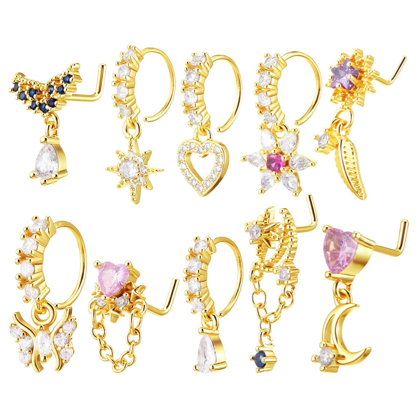 HaiFafafaing 10 PCS Dangle Nose Ring Hoop, 20g L Shaped Nose Ring Studs with Cz,Cute Heart Star Butterfly Moon Shape Noses Piercing Jewelry for Women Gold