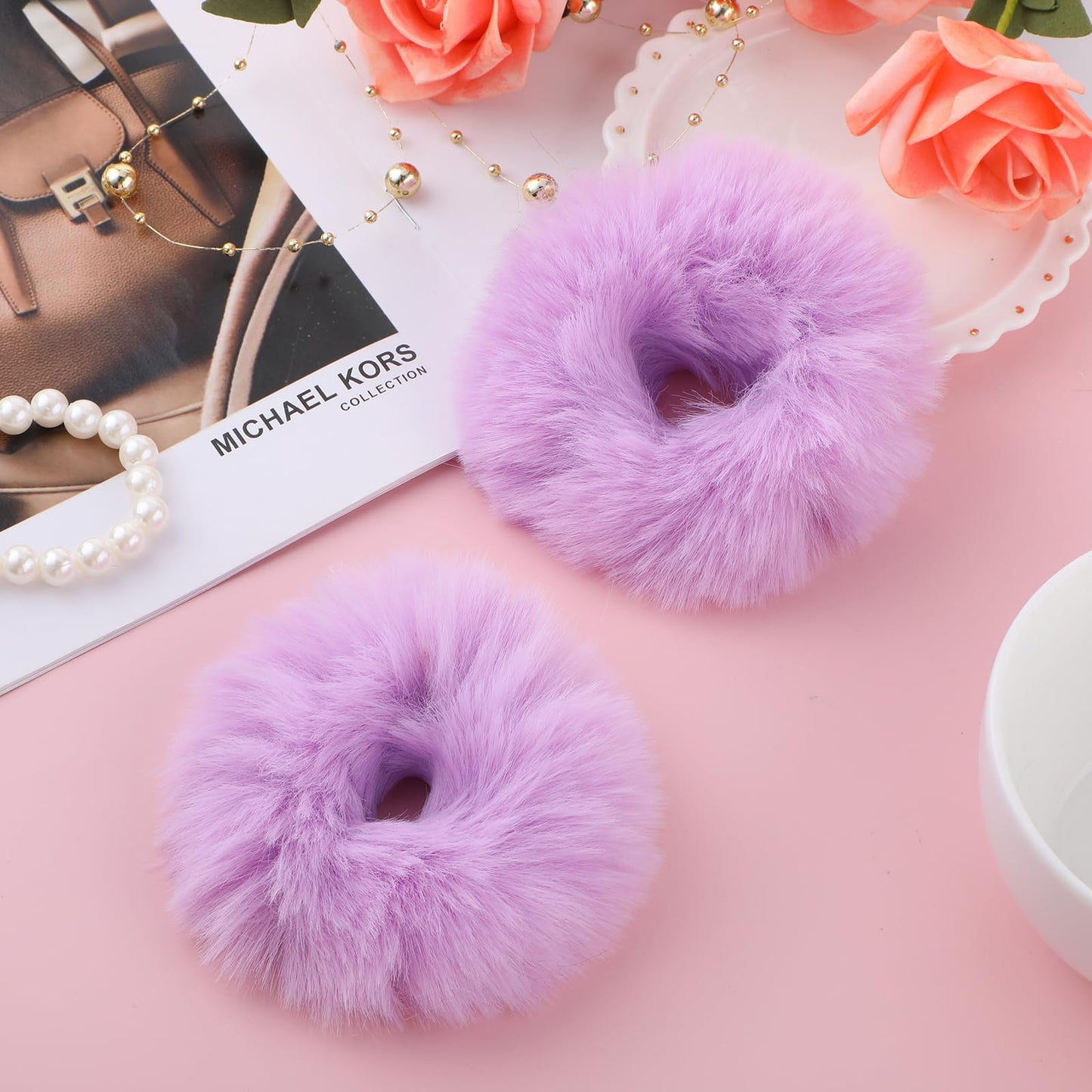 Lusofie 2Pcs Purple Fuzzy Hair Ties Shaggy Hair Scrunchies Artificial Rabbit Fur Hair Bobbles Purple Pom Pom Ponytail Holders for Girl Women