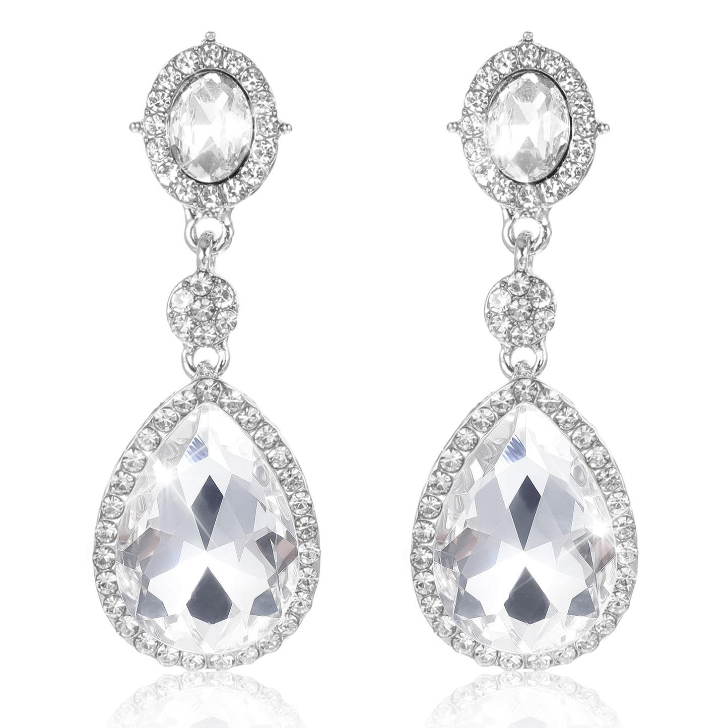 Silver Clip On Earrings For Women, Sparkling Teardrop Dangle Clip Earrings