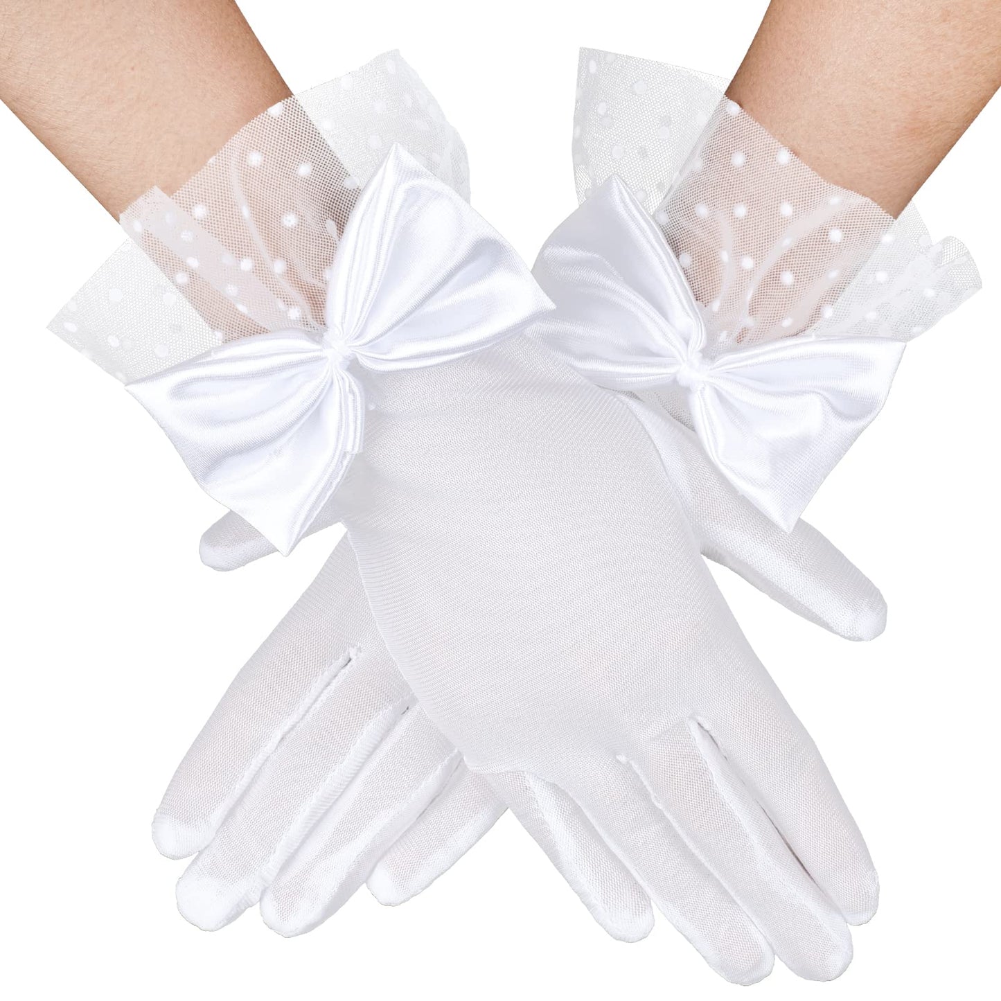 Yolev Ladies Short Lace Gloves Bridal Lace Gloves Tea Party Glove Lace Bow Gloves for Dinner Wedding Prom Halloween Party (White)