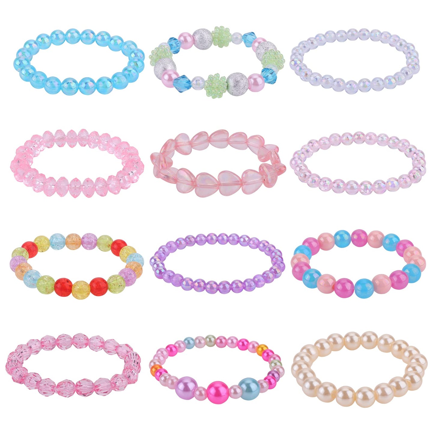 Yolev 12 Pieces Girls Beaded Bracelets Rainbow Stretchy Bead Bracelets Plastic Bracelets Costume Jewelry Set for Girl