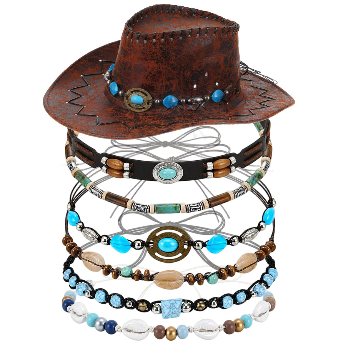 Yolev 6Pcs Cowboy Hat Bands, Adjustable Ethnic Western Hat Bands for Women