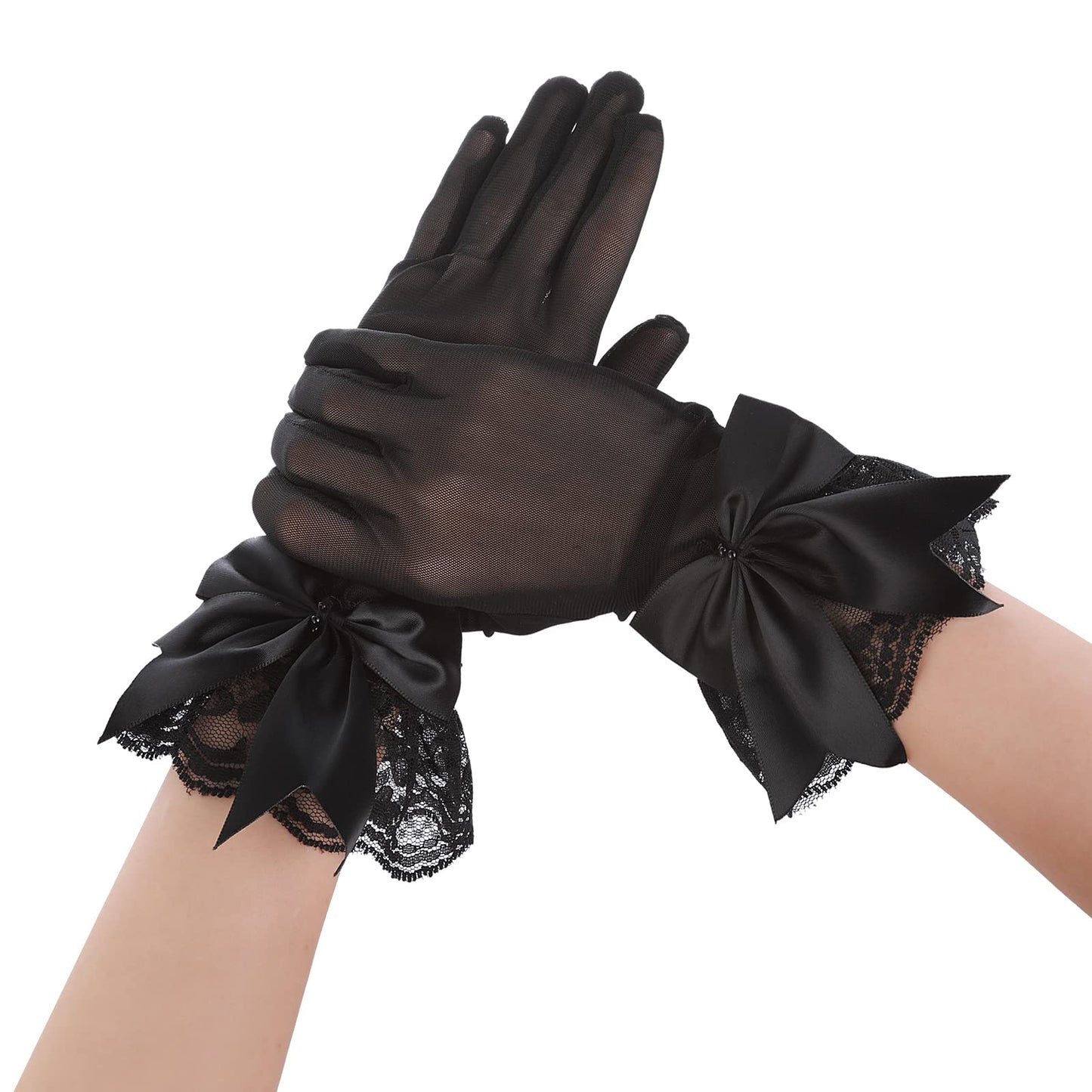 Women's Lace Gloves with Bowknot Vintage Opera Wrist Gloves Stretchy Bridal Gloves for Fancy Dress Wedding Party Tea Party Prom Evening