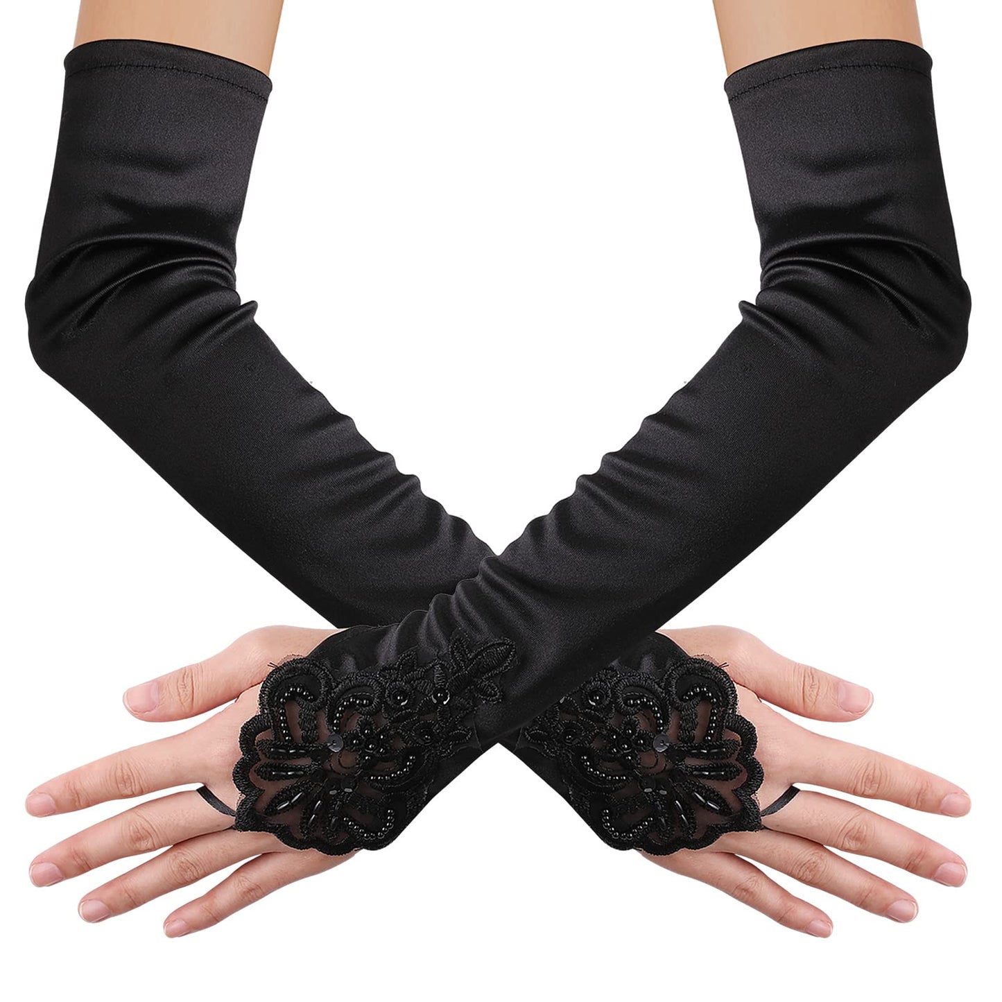 Women's Long Lace Opera Gloves Satin Wedding Bridal Gloves Bridal Dance Gloves Party Stretchy Elbow Length Gloves Fancy Dress Lace Gloves 1920s Gloves for Christmas Halloween(Black)