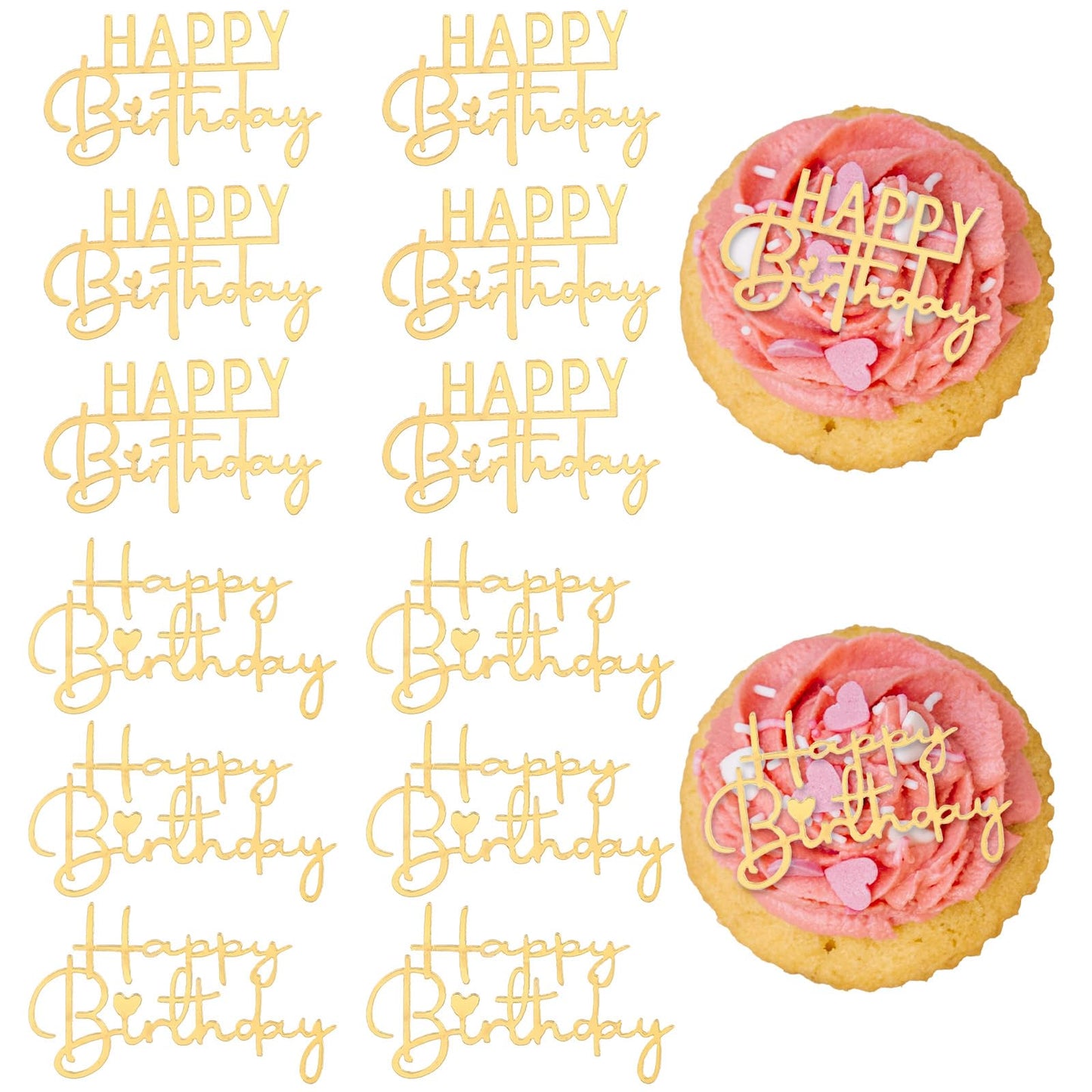 12pcs Happy Birthday Cupcake Toppers, 2.5 Inch Gold Happy Birthday Cupcake Toppers Sign, Mini Cupcakes Decorations For Birthdays Party (Two Styles)