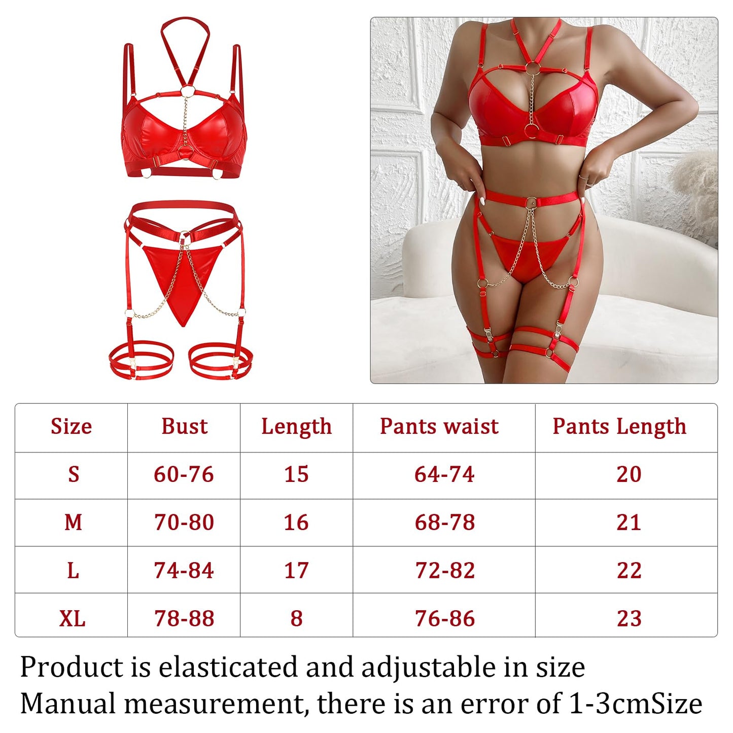 Telooco Garter Lingerie Set 5 Piece Sexy Pu Leather Strappy Lingerie Adjustable Straps Garter Belt Sexy Leather Lingerie for Women Naughty Outfits with Underwire Push Up Bra and Chain(Red,Medium)