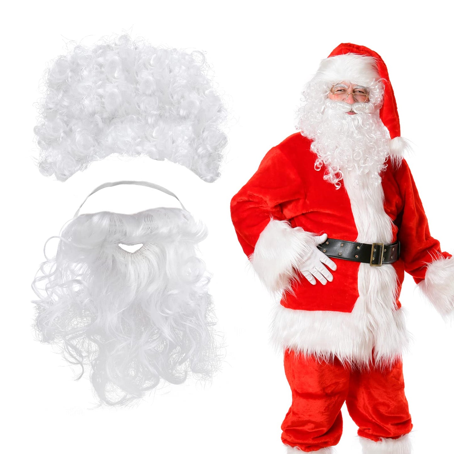 Santa Claus Wig and Beard Set White Wig and Beard for Men and Women Christmas Costume Accessories Fake Hair and Beard Dress Up for Masquerade Party Cosplay