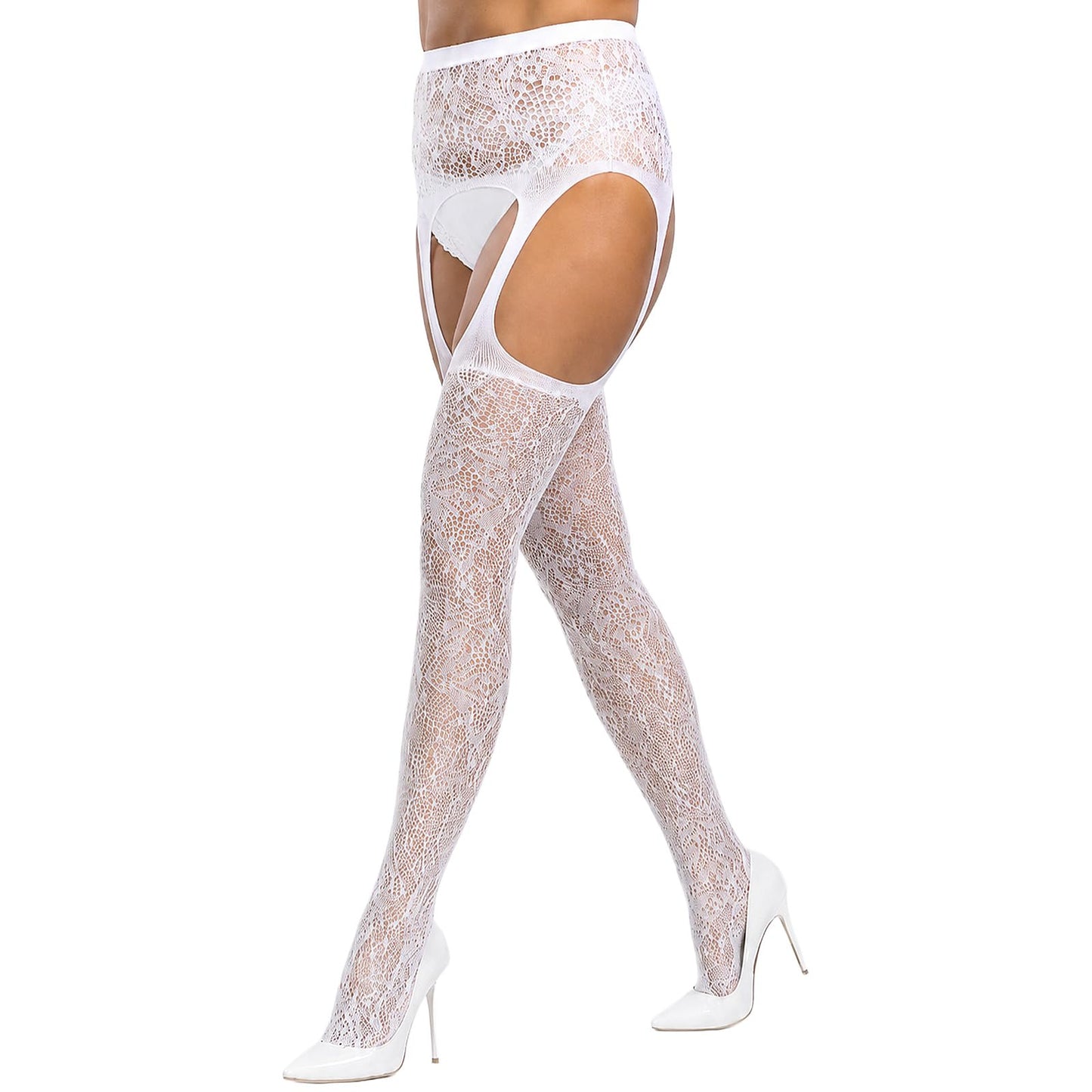 Fiyooau White Fishnet Stockings with Garter, Sexy Garter Stockings Thigh High Lace Garter Belt Suspender Pantyhose for Women