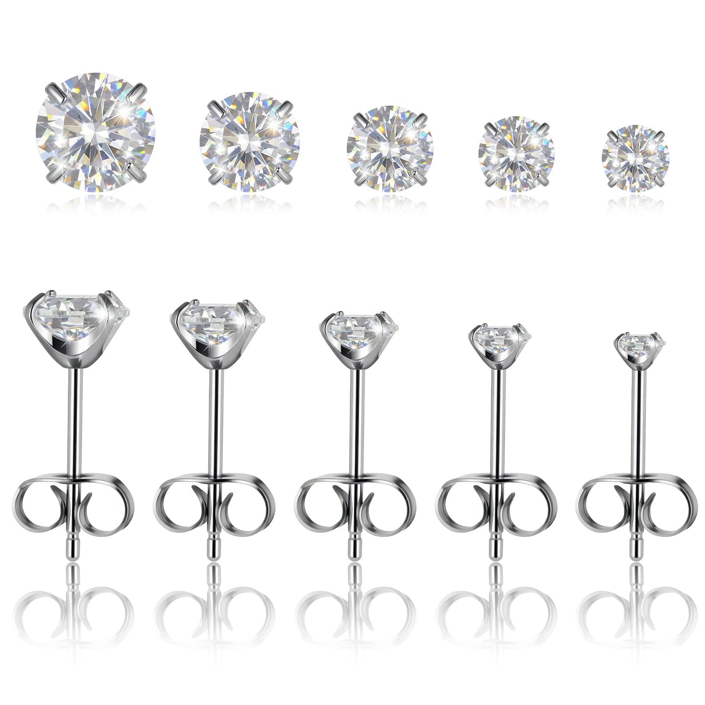 5 Pair Silver Stud Earrings Set 20G Cubic Zirconia Stud for Sensitive Ear