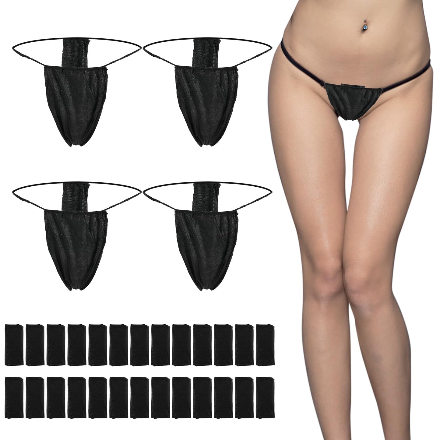 Yolev 50 Pcs Black Disposable Panties for Women,Nonwoven Breathable T Thong Panties Bikini Spa Underwear Individually Pack for Spray Tanning One Size