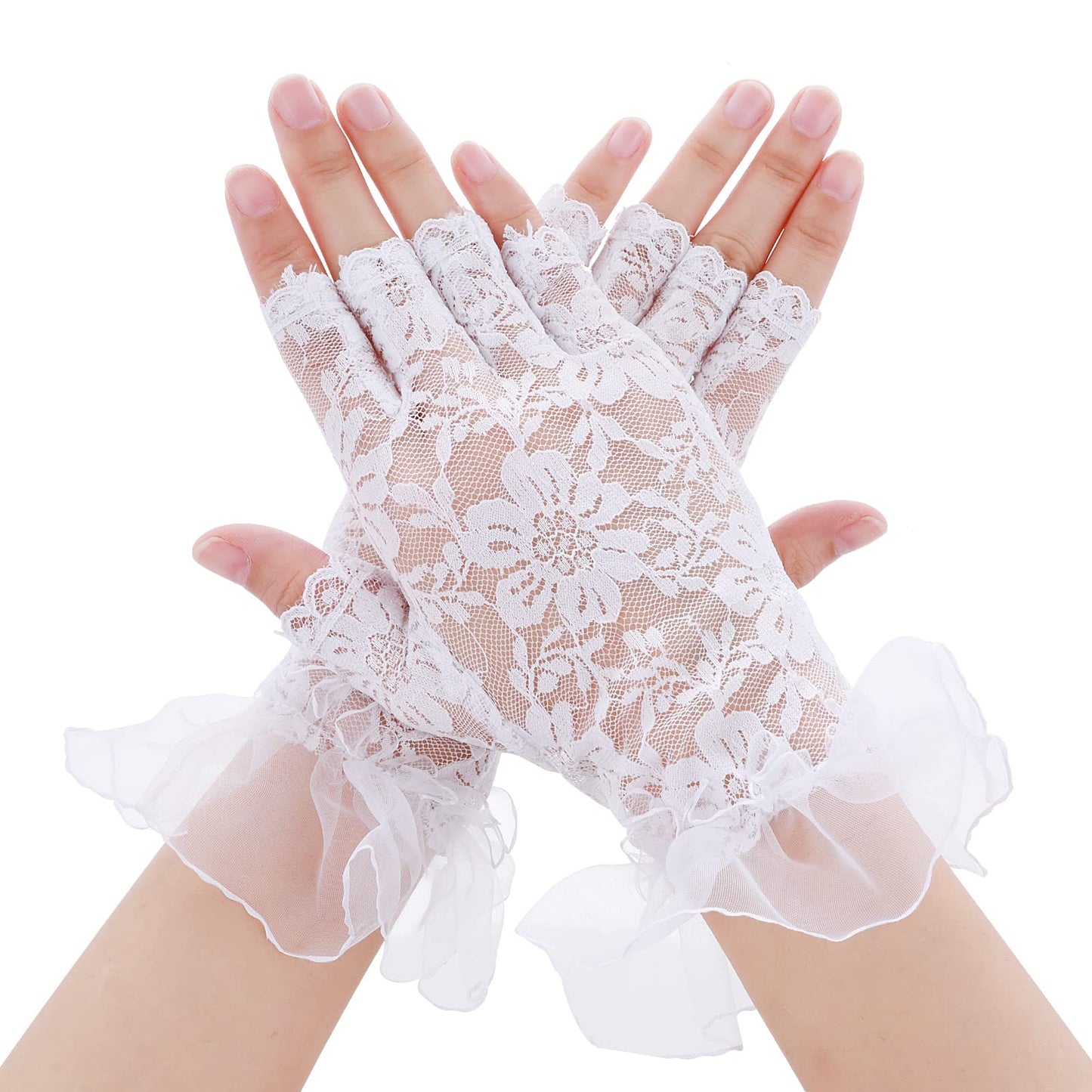Yolev Ladies Lace Gloves Sunblock Bridal Lace Gloves Courtesy Summer Gloves for Wedding Opera Dinner Tea Parties (White)