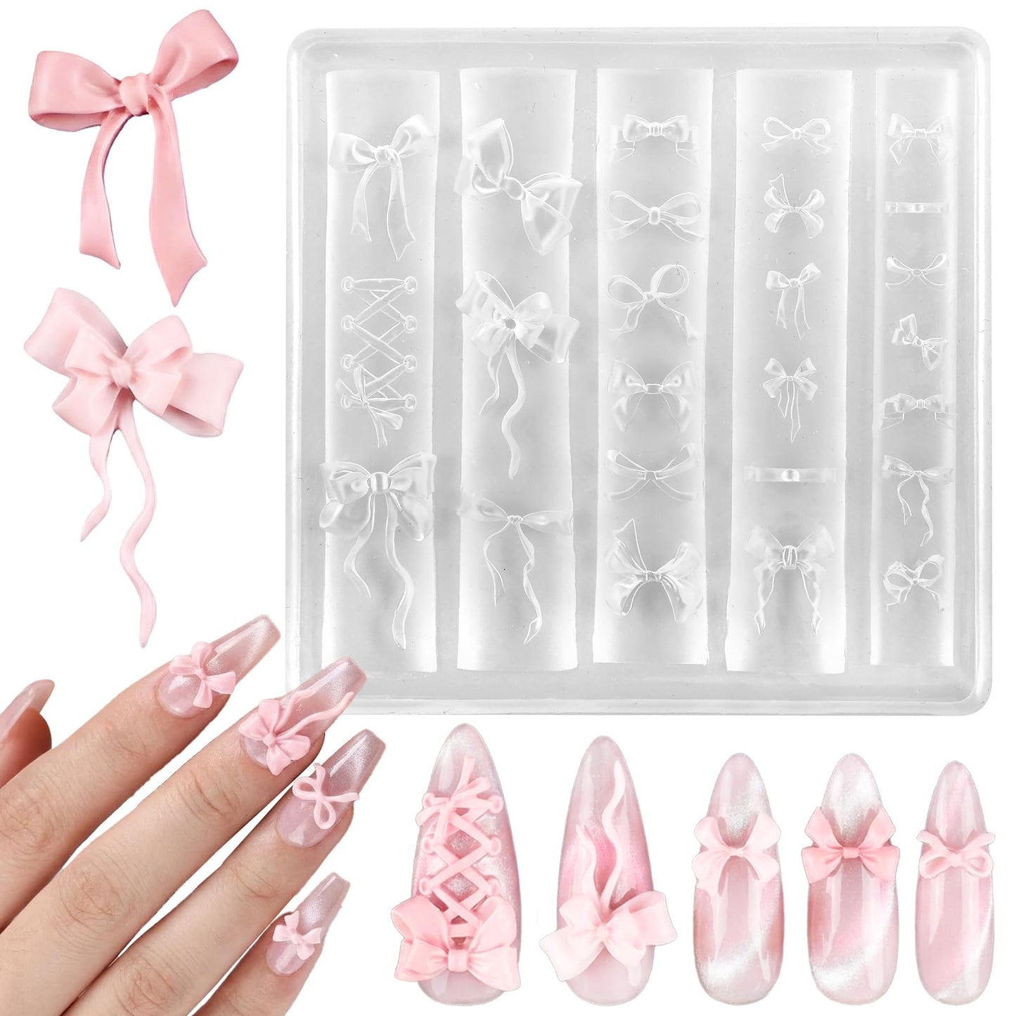 3D Bow Silicone Nail Molds, Multiple Shapes Ribbon Bow Nail Art Molds Cute Bowknot Nail Charm Sculpture Templates Reusable Nail Carving Stencils Resin Mold Manicure Decoration Tools