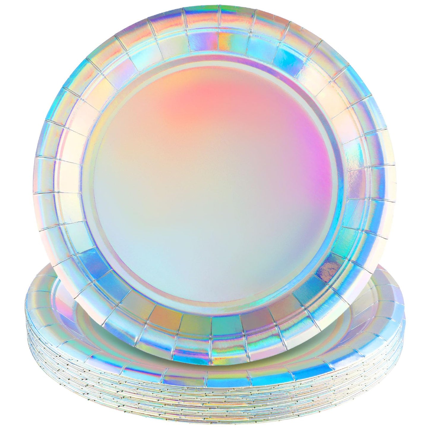 Lusofie 25Pcs Holographic Paper Plates 9" Silver Iridescent Party Plates Round Lunch Dessert Cake Plates for Birthday Wedding Picnic Celebration Dining