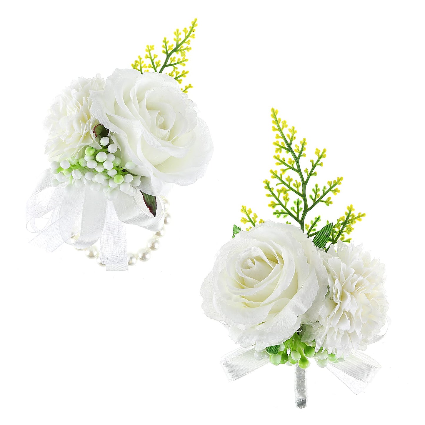 Corsage and Boutonniere Set White Boutonniere Prom Flower Wrist Corsage Bracelets for Wedding Flower Buttonhole Artificial Corsage with Pin Clip for Groom Bridal Suit Dress (white two silk flowers)
