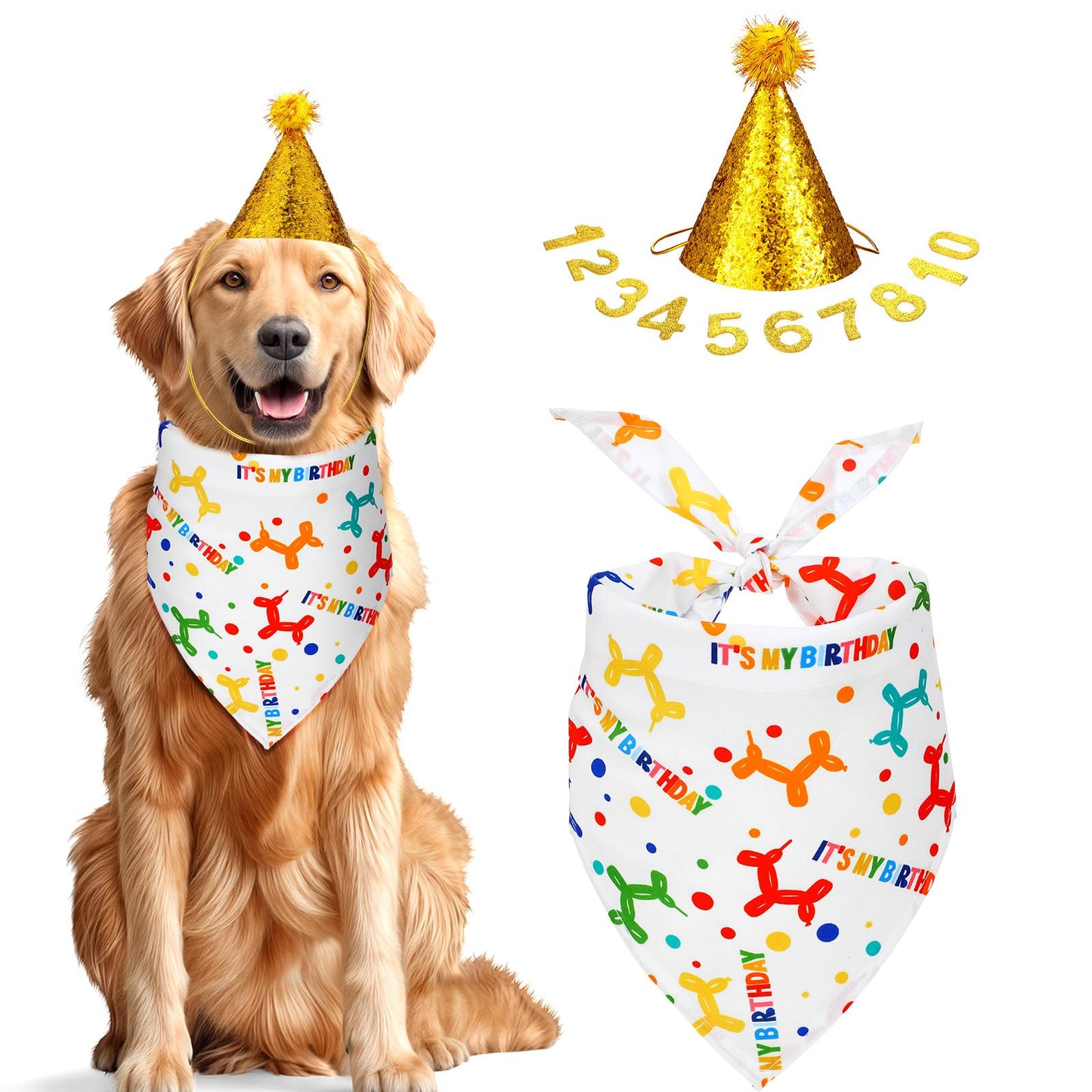 Dog Birthday Party Set, Gold Dog Bandana and Hat With Numbers for Small Medium Dogs, Dogs Supplies for Celebrating Birthday Party