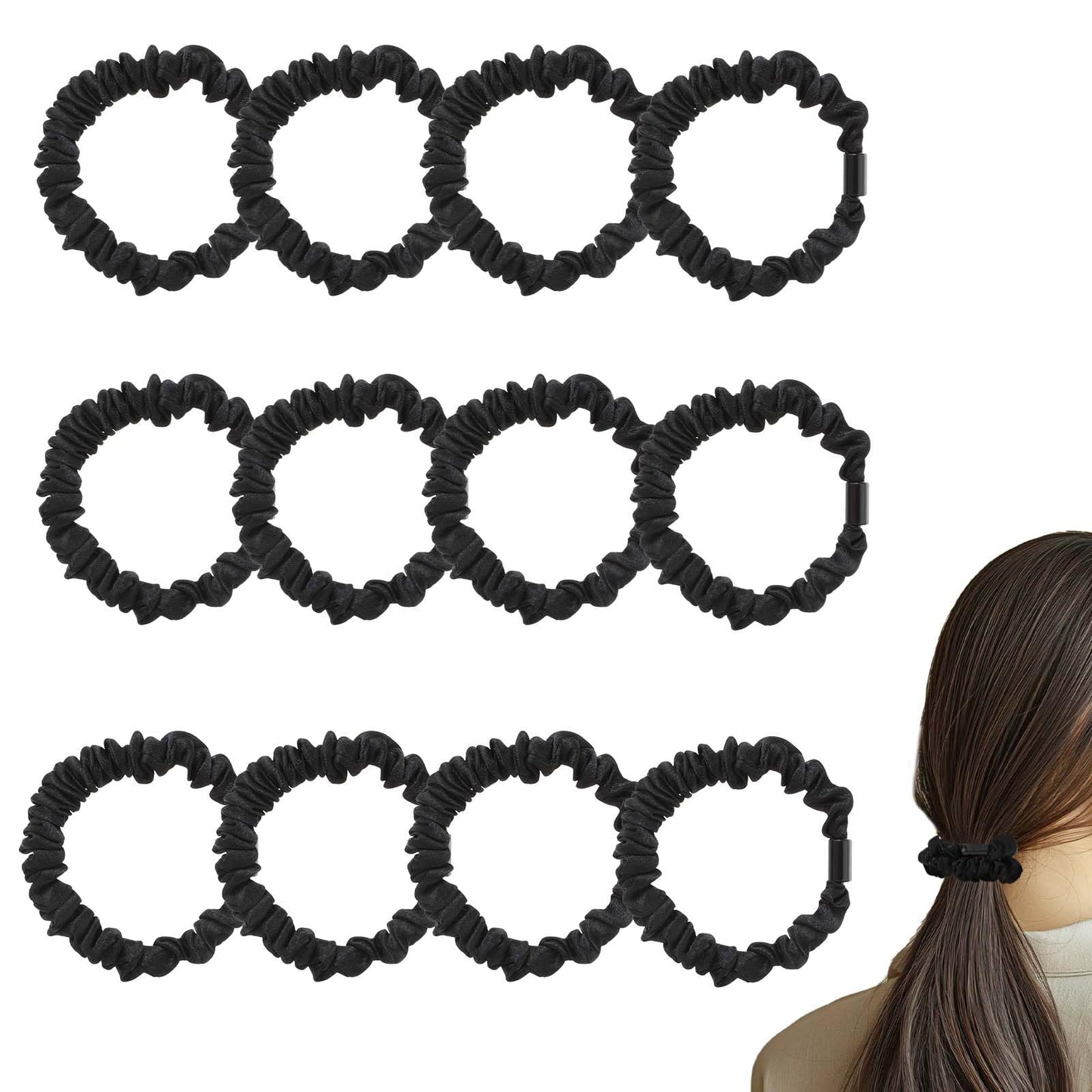 Satin Hair Tie, 12Pcs No Slip Satin Hair Scrunchies Soft Silk hair scrunchies, Black Elastic Hair Ties No Damage Small Silk Scrunchies Cute Silk Ponytail Holders For Women Girls Thick Thin Hair