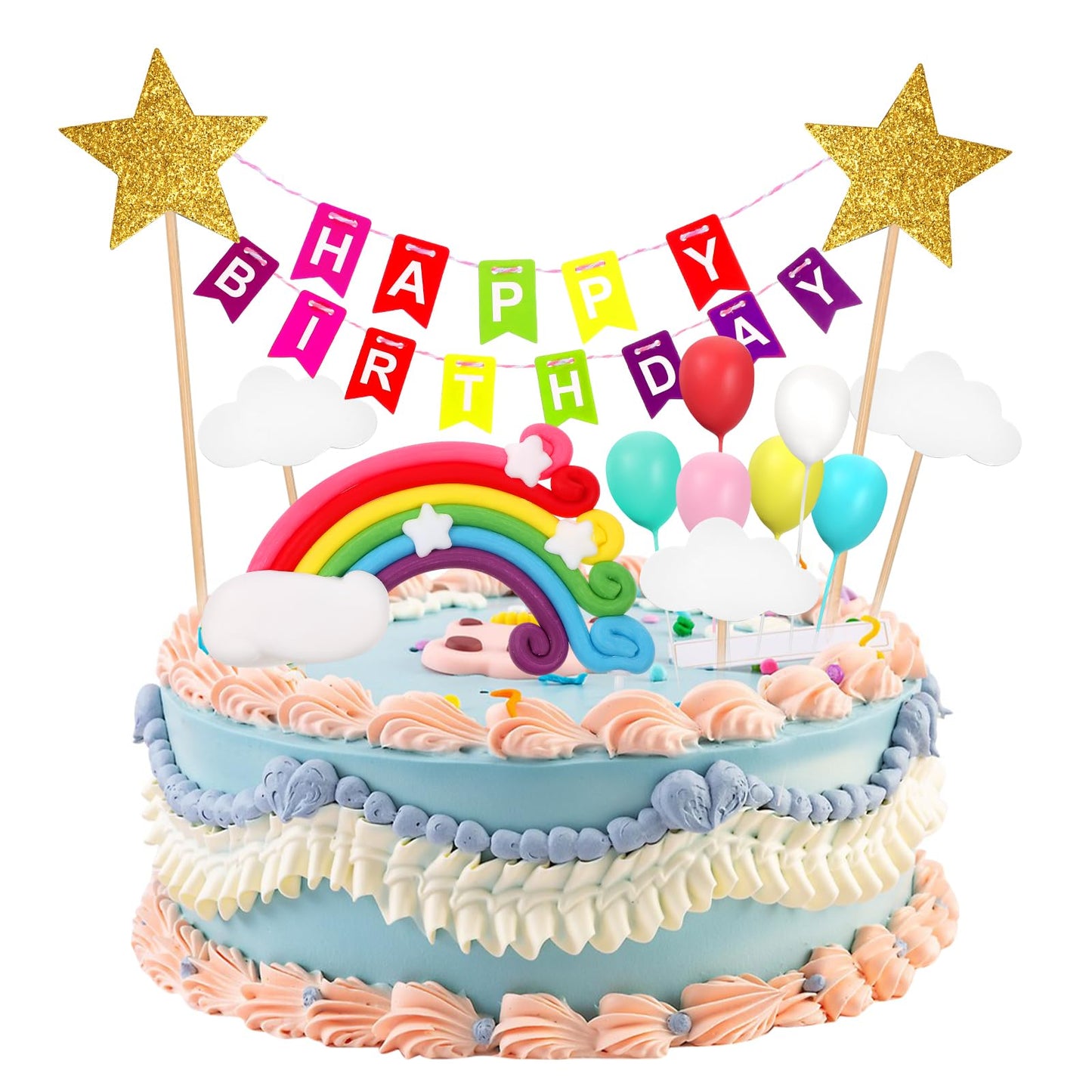 Lusofie 15Pcs Rainbow Cake Topper Handmade Happy Birthday Cake Topper Cake Topper Kit Clouds Balloon Cake Topper Birthday Cake Decorations For Birthday Party