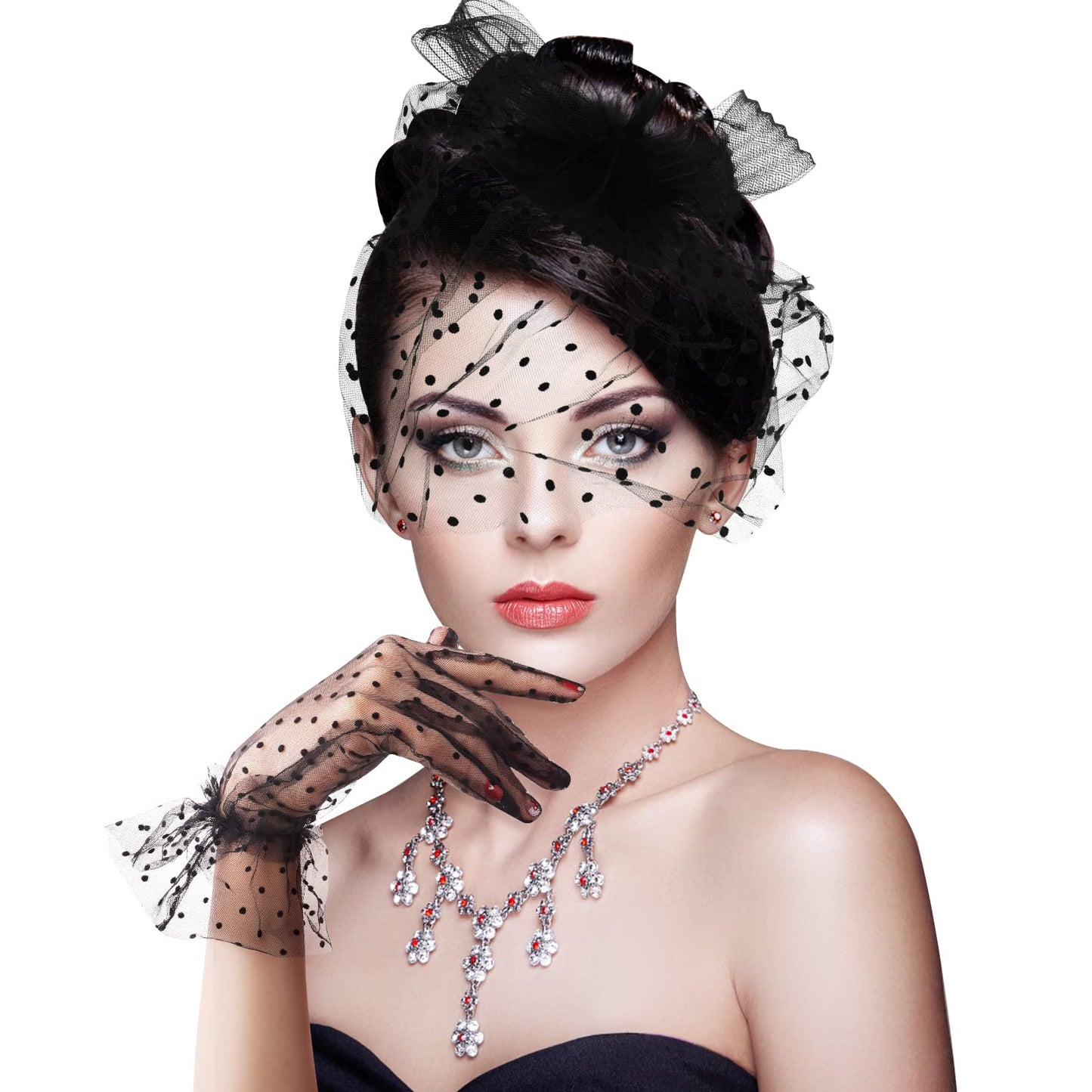 Yolev Fascinator Hat Faux Feather Mesh Net Hat Short Lace Glove 50s Costume Accessories for Women Wedding (Spotted)