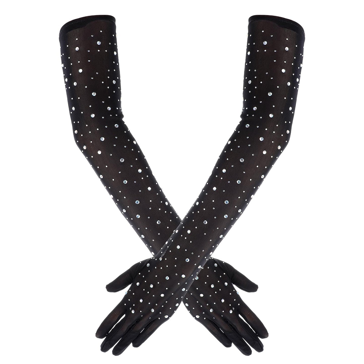 Lusofie Long Black Gloves Rhinestone Double-Sided Rhinestone Black Gloves Sparkly Glitter Fashion Mesh Opera Gloves for Halloween Costumes Party Accessories