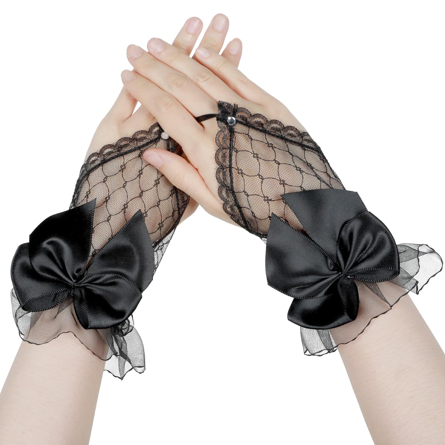 Lace Gloves Women Tea Party Black Fingerless Rhinestone Lace Wedding Mesh Sheer Opera Gloves for Banquet Wedding Party Halloween Costume Accessories