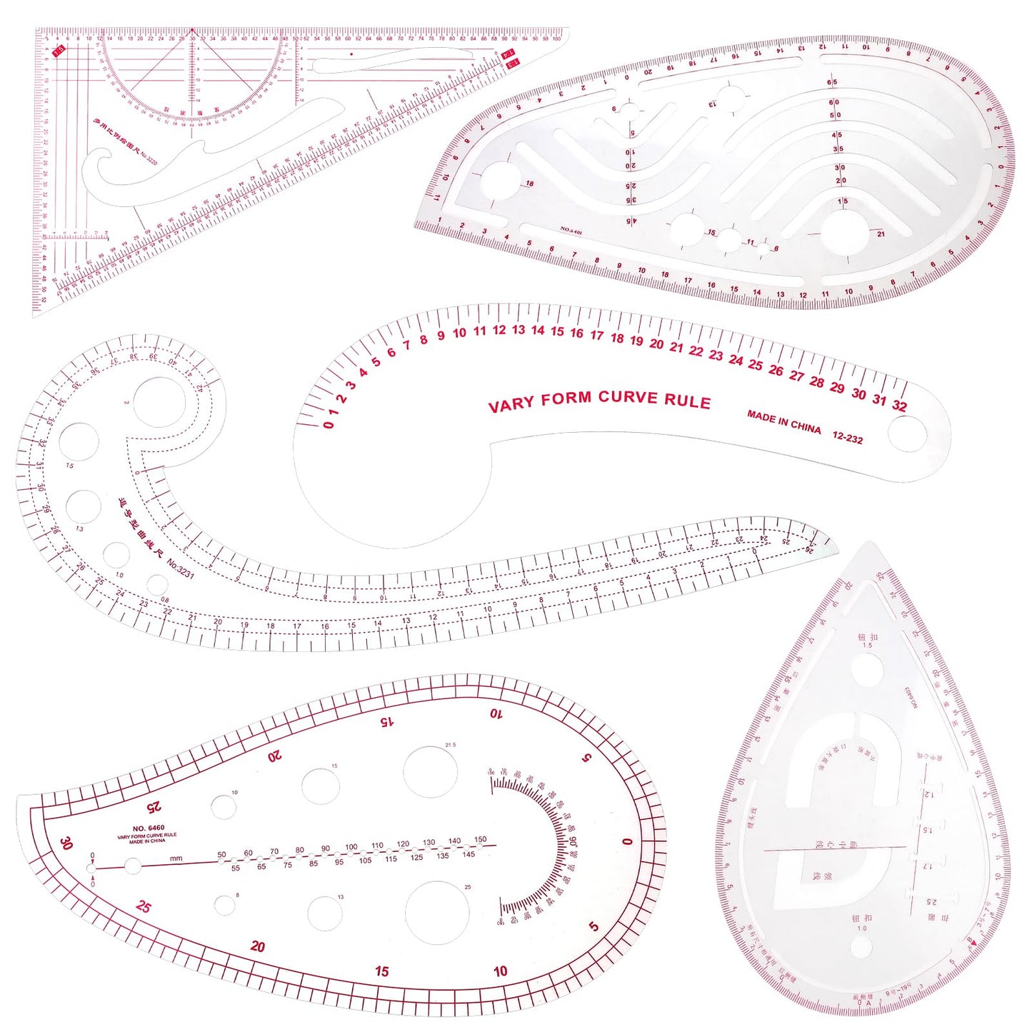 Yolev 6 PCS Sewing Ruler Set - Plastic French Curve Ruler, Triangle, Comma, Semi-circle, Multi-function, Curved for Pattern Making, Tailors, Designers, Clothes Design