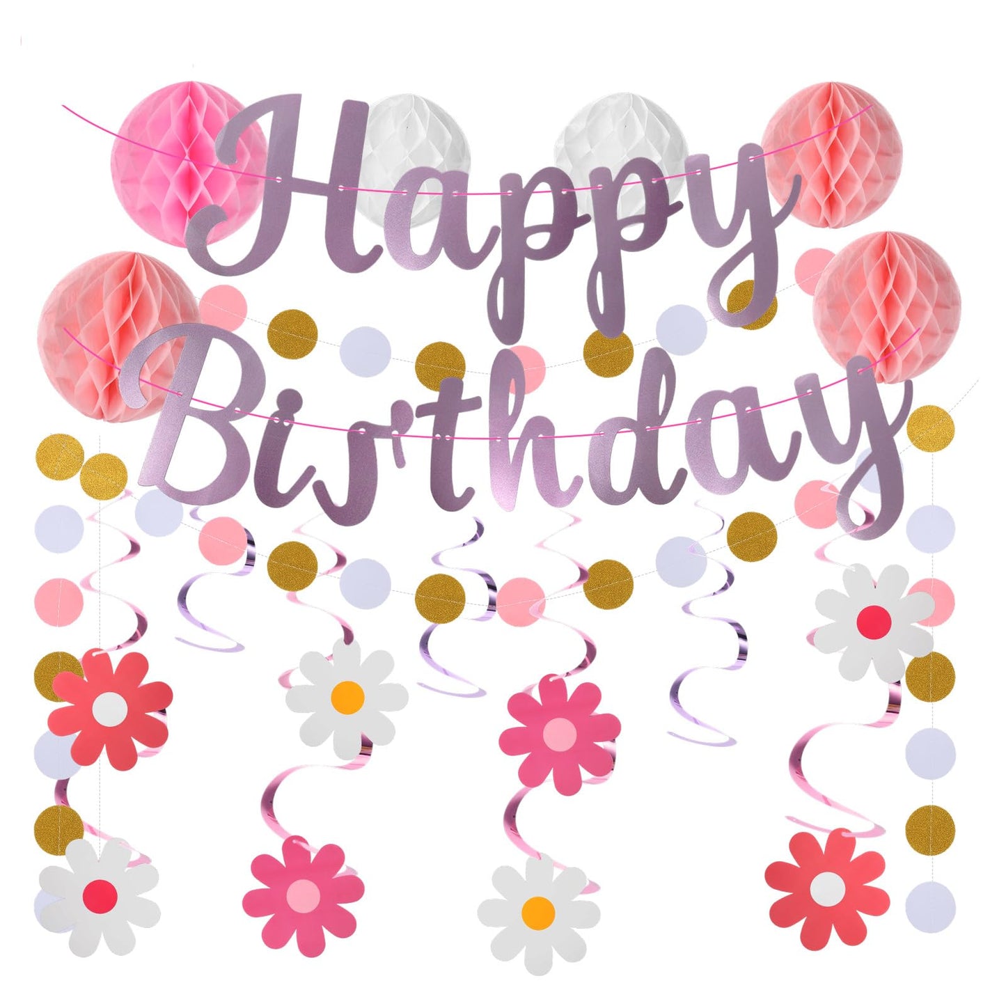 Pink Birthday Decorations For Girls Happy Birthday Banner With With Honeycomb Balls Hanging Swirls Circle Dots Garland Happy Birthdays Party Decorations For Women Men Boys Girls Pink