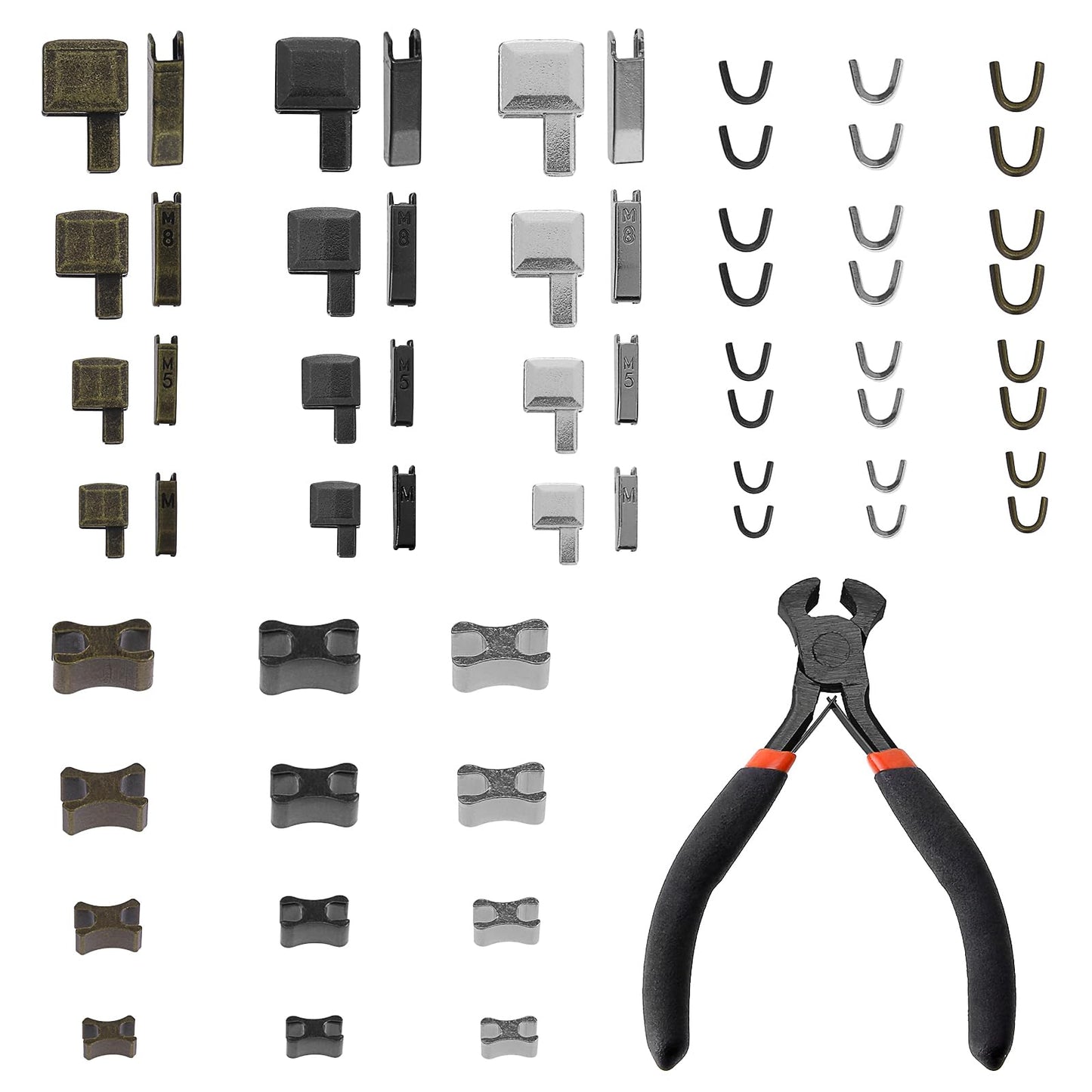 60 Pcs Zip Repair Kit with Zipper Pliers Jacket Zipper Repair Kit Universal Zipper Fixer Zipper Bottom Stop Replacement Metal Zipper Head Slider Insertion Pin Sewing Fix Zippers Stoppers Ends Parts