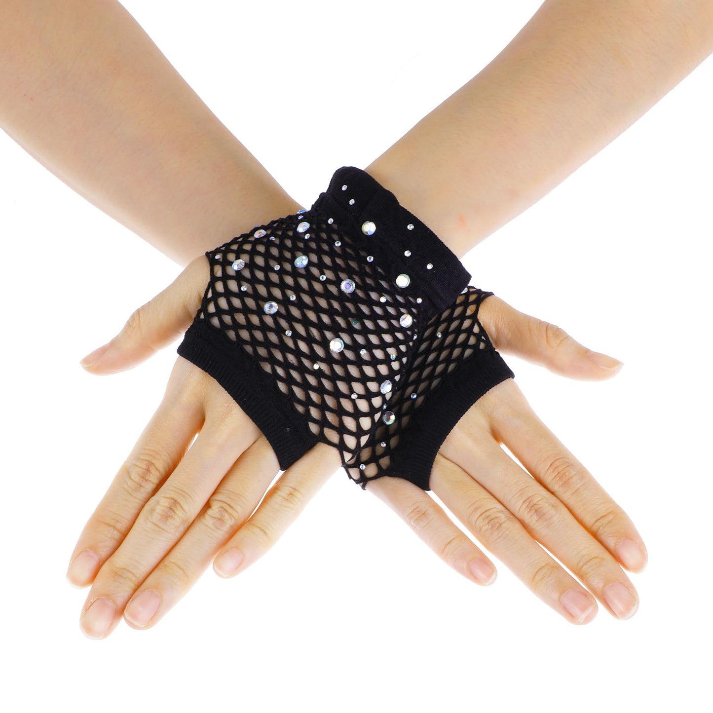 Meyeyaia Fishnet Gloves Fingerless with Rhinestones, 80s Nylon Short Fish Net Gloves for Halloween Party Cosplay Performance(black)
