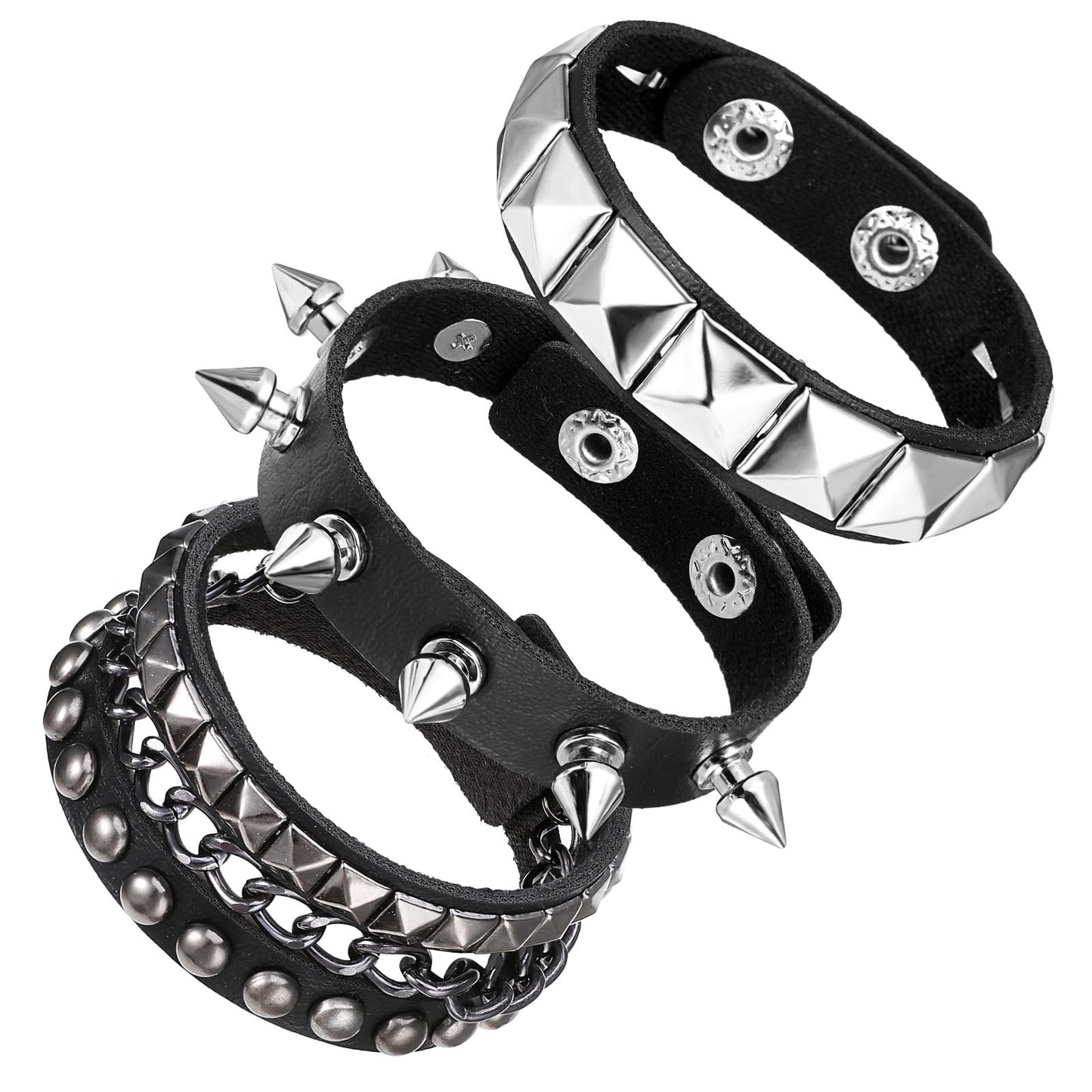 Yolev 3Pcs Punk Rock Studded Bracelet Set Spiked Studded Bracelet Black Leather Rivet Punk Bracelet Cuff Wrap Bangle Snap Button Metal for Men Women Halloween Accessories