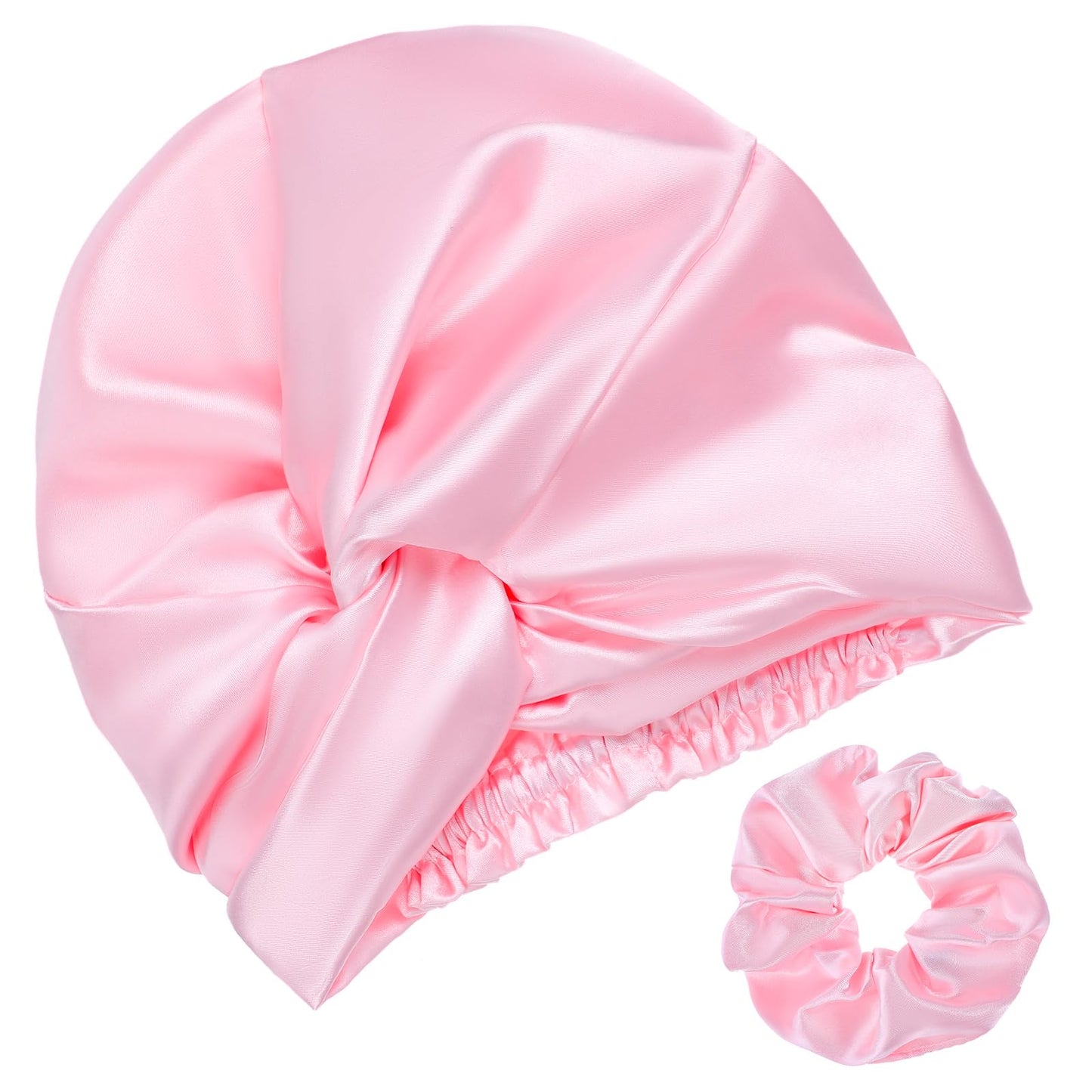 Silk Hair Bonnet for Women, Adjustable Silk Bonnet for Sleeping, Double Layer Soft Satin Bonnet with Silk Hair Scrunchies for Braid Curly Straight(pink)