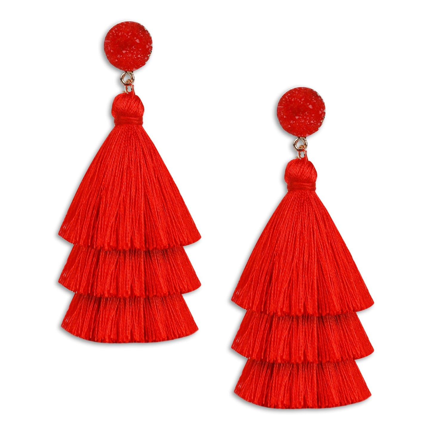 Yolev Layered Tassel Earrings Bohemian Tiered Tassel Earrings Druzy Stud Dangle Drop Earrings Jewelry for Women Girls Christmas Valentine Mother's Day Gift (Red)