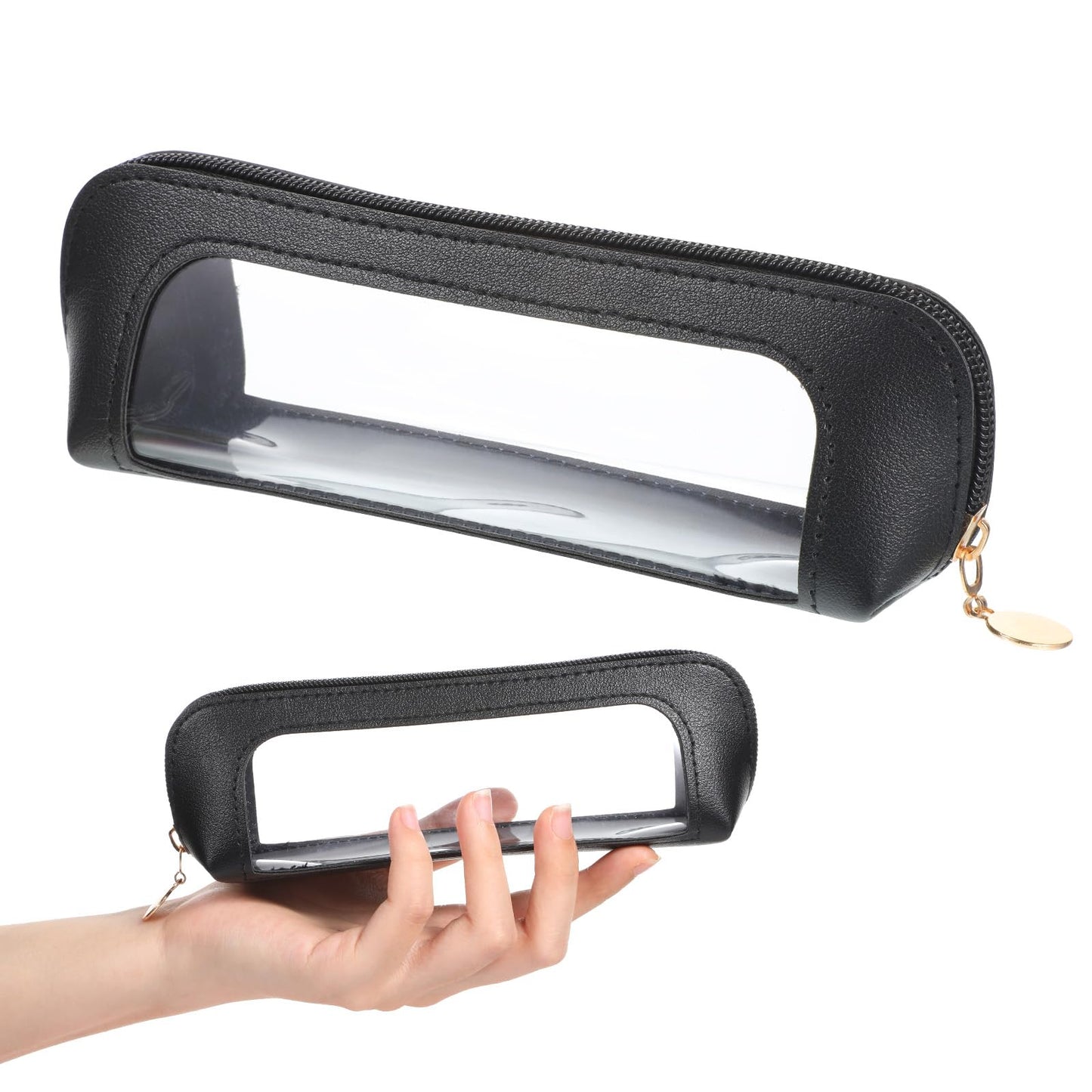 Small Clear Cosmetic Bag with Zipper, PU Leather Makeup Brush Bag, Waterproof Portable Transparent Cosmetic Pouch for Home, Travel, Office and Cosmetics Storage(Black)