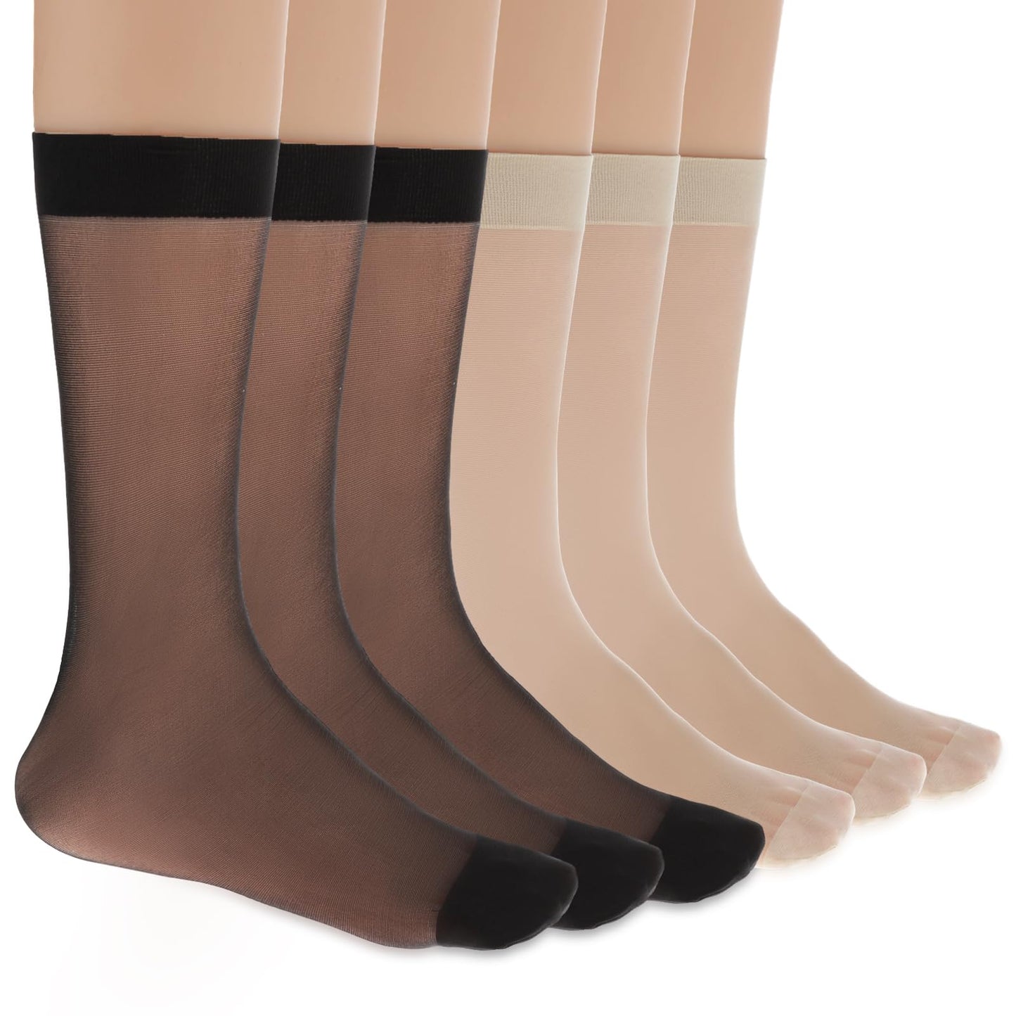 Women's Sheer Nylon Ankle Socks 6 Pack-Nude Crew Stocking Ultra Thin See Through Calf High Socks for Women(Black, Apricot)