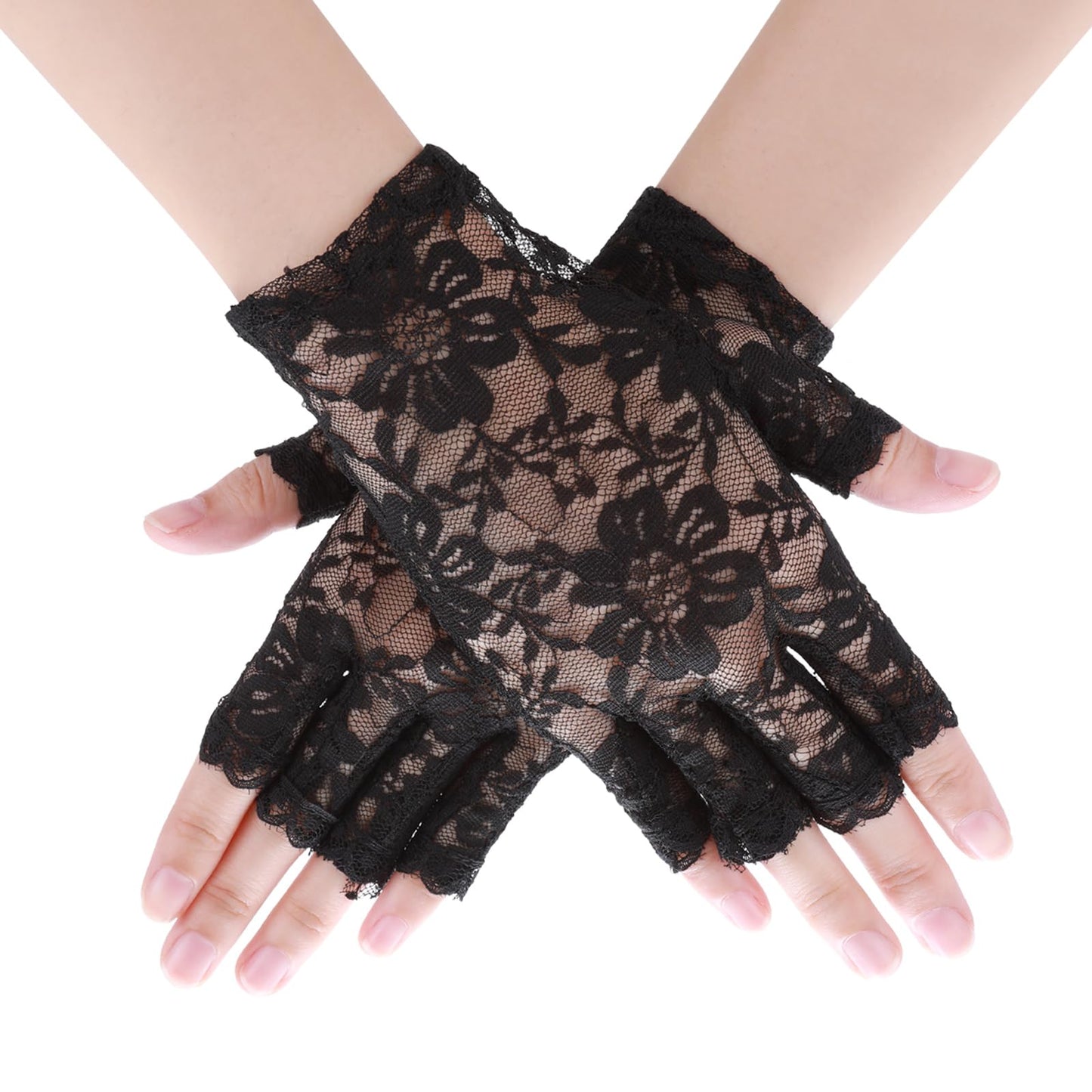 HaiFafafaing Women's Short Lace Gloves, Black Lace Fingerless Gloves, Classic Floral Design, Elegant for Wedding, Party, Performance