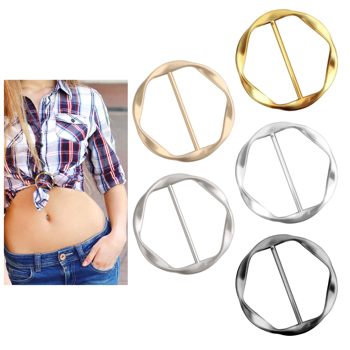 Yolev 5PCS Metal T-Shirt Clips, Silk Scarf Ring Clip T-shirt Tie Clips, Clothes Corner Knotted Button, Metal Round Circle Clip Buckle Clothing Ring Wrap Holder for Women Girls