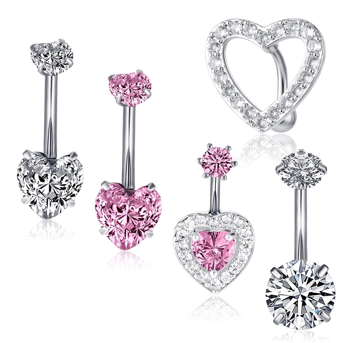 DIVINA VITAE 5PCS Belly Button Ring, Cute Pink Silver Heart Surgical Steel Belly Button Rings Navel Piercing Shiny Belly Button Rings Jewelry