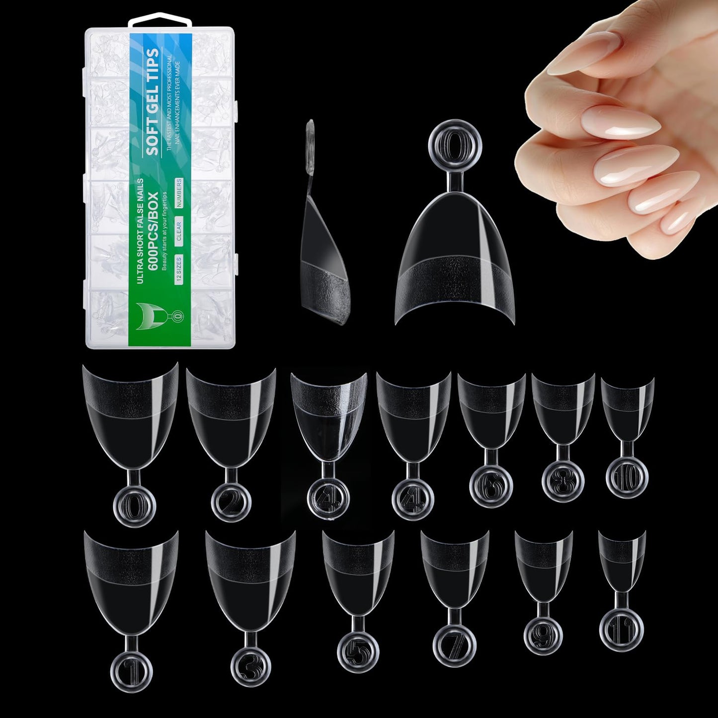 600 pcs Medium Almond Nail Tips Clear Short Almond Nails, Half Cover, Half Matte, 12 Sizes Soft Gel Acrylic Nail Tips for Nail Extensions, Home DIY, and Nail Salon Use