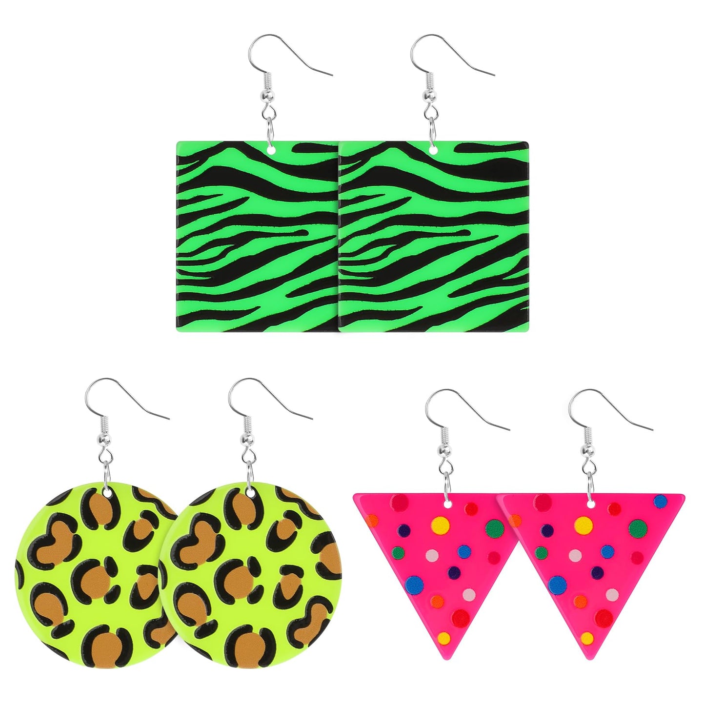 Lusofie 3 Pairs 80s Neon Earrings Geometric Dangle Earrings Halloween Retro 80s Earrings For Women Girls 80's Outfit Party Accessories