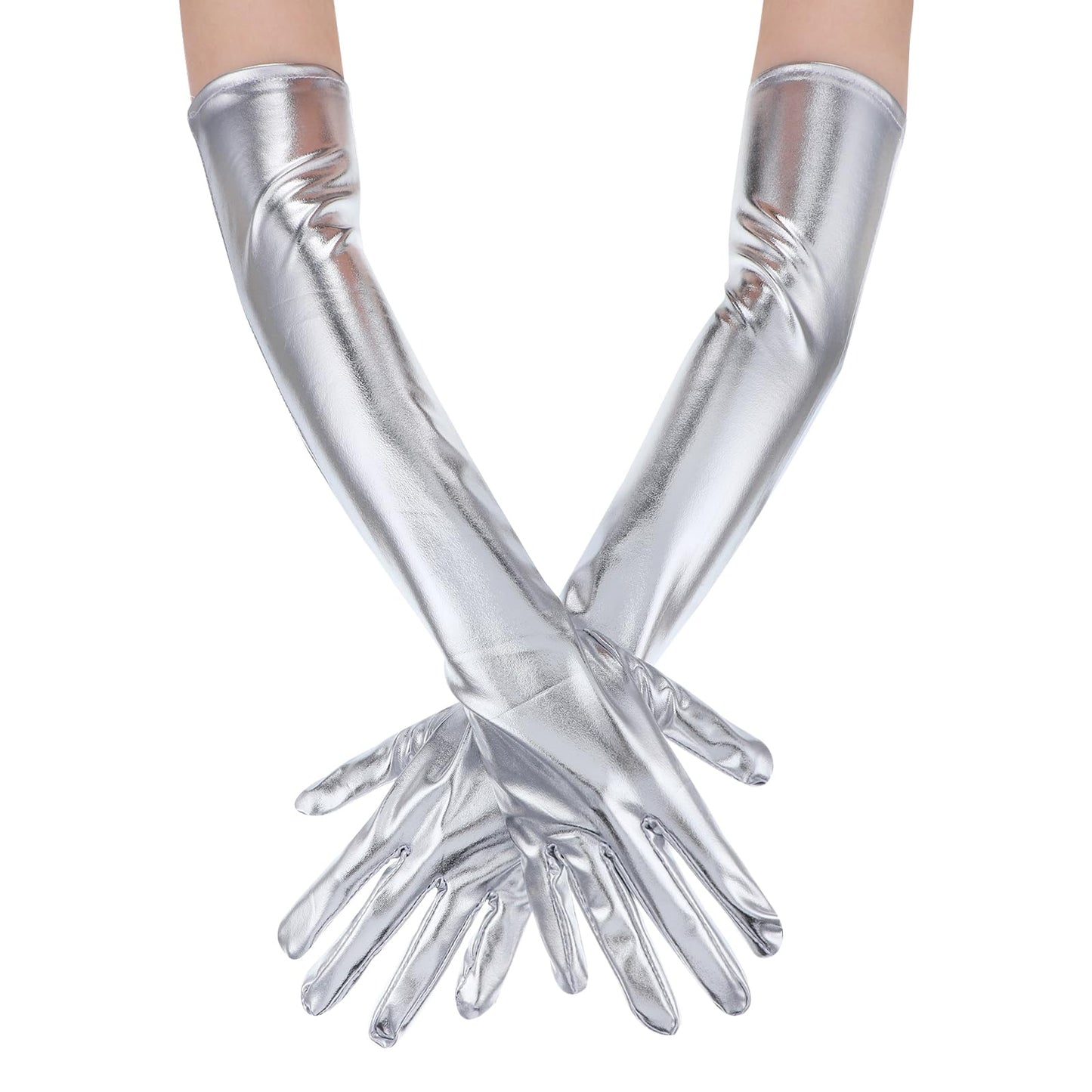 Telooco Silver Gloves Long Metallic Gloves Shiny Metallic Spandex Glove 20s Party Costume Accessories for Women Halloween