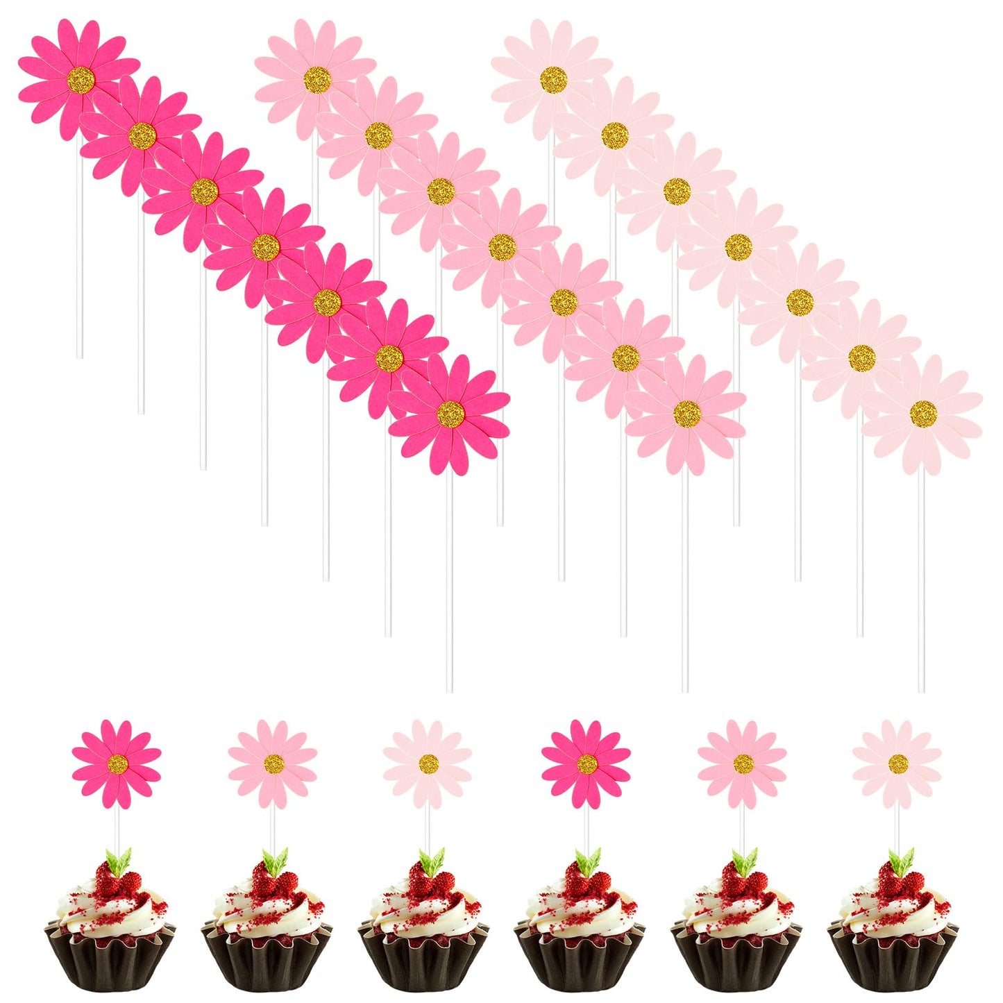 Pink Daisy Cupcake Toppers 12 * 4.7cm/4.7 * 1.8inch White Daisy Cake Decorations Cocktail Cake Fruit Bowl Yogurt Bowl DIY Decoration (21 Pcs)