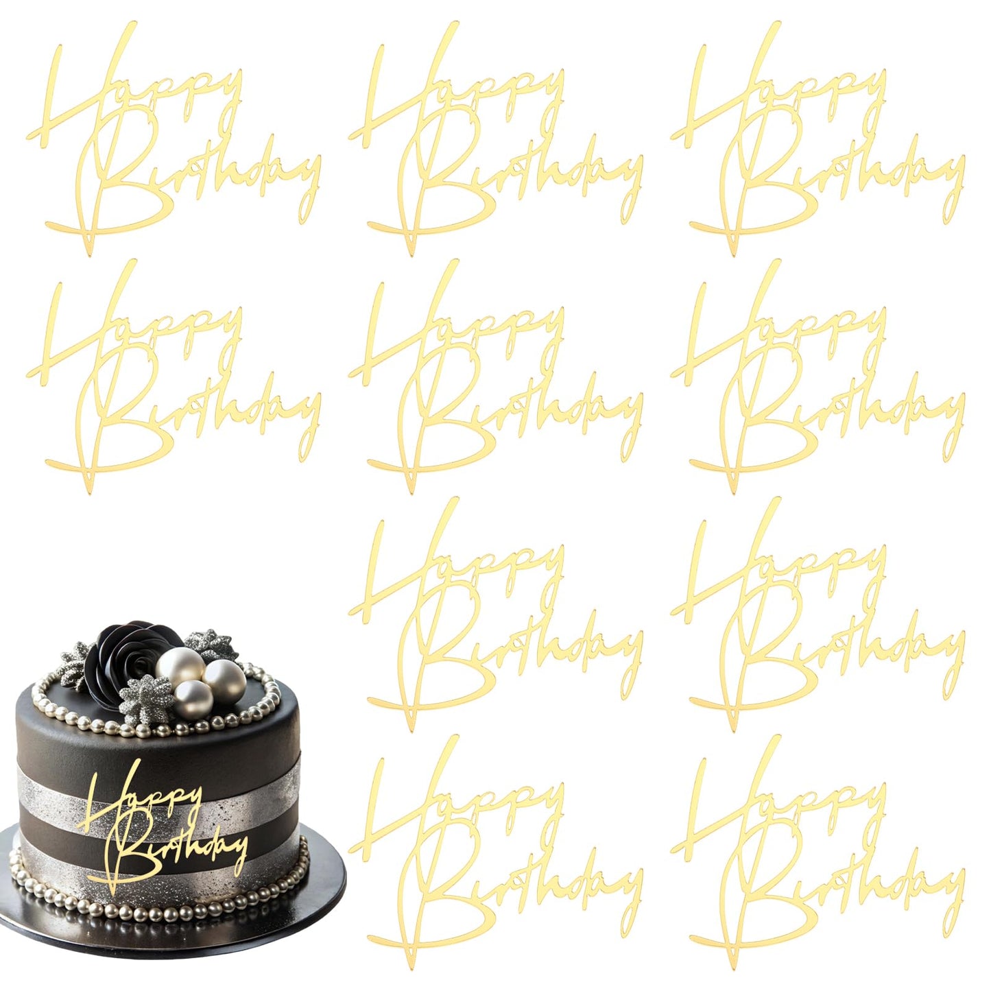 10pcs Cake Toppers Happy Birthday Acrylic Gold Happy Birthday Sign For Cake Decorations Cakes Picks Stick Decor For Celebrating Anniversary Party Wedding