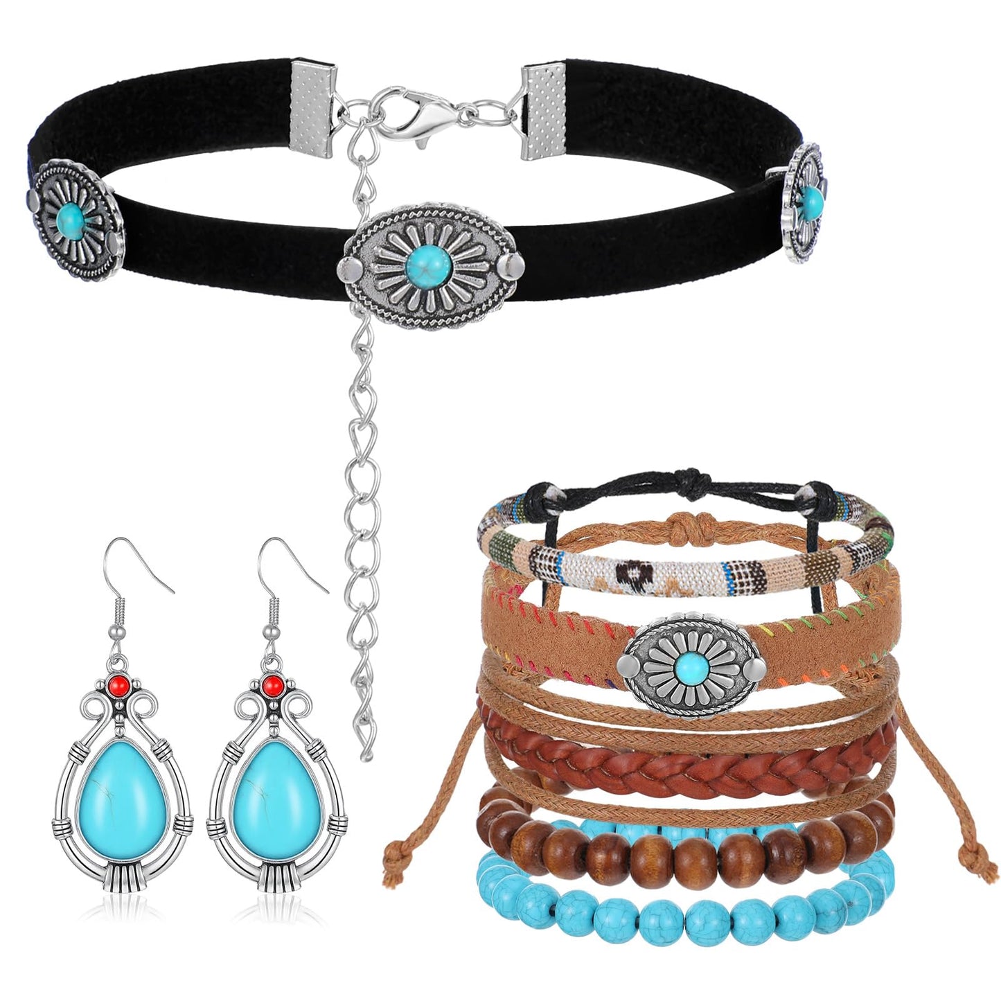 Josojoou Western Bohemian Jewelry Set for Women - Boho Pendant Choker & Vintage Cowboy Hat Necklace, Turquoise Faux Leather Various Styles Bracelet, Turquoise Dangle Earrings