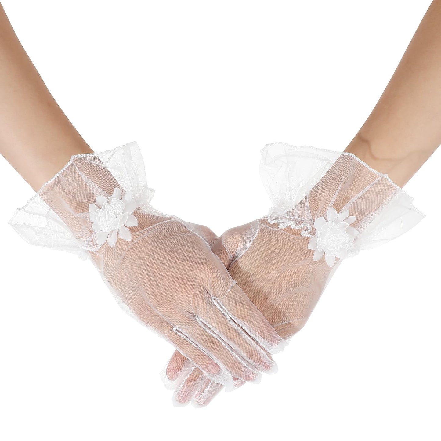 Meyeyaia Tea Gloves for Women,Floral Tulle Gloves for Women Wedding Party Accessories(white)