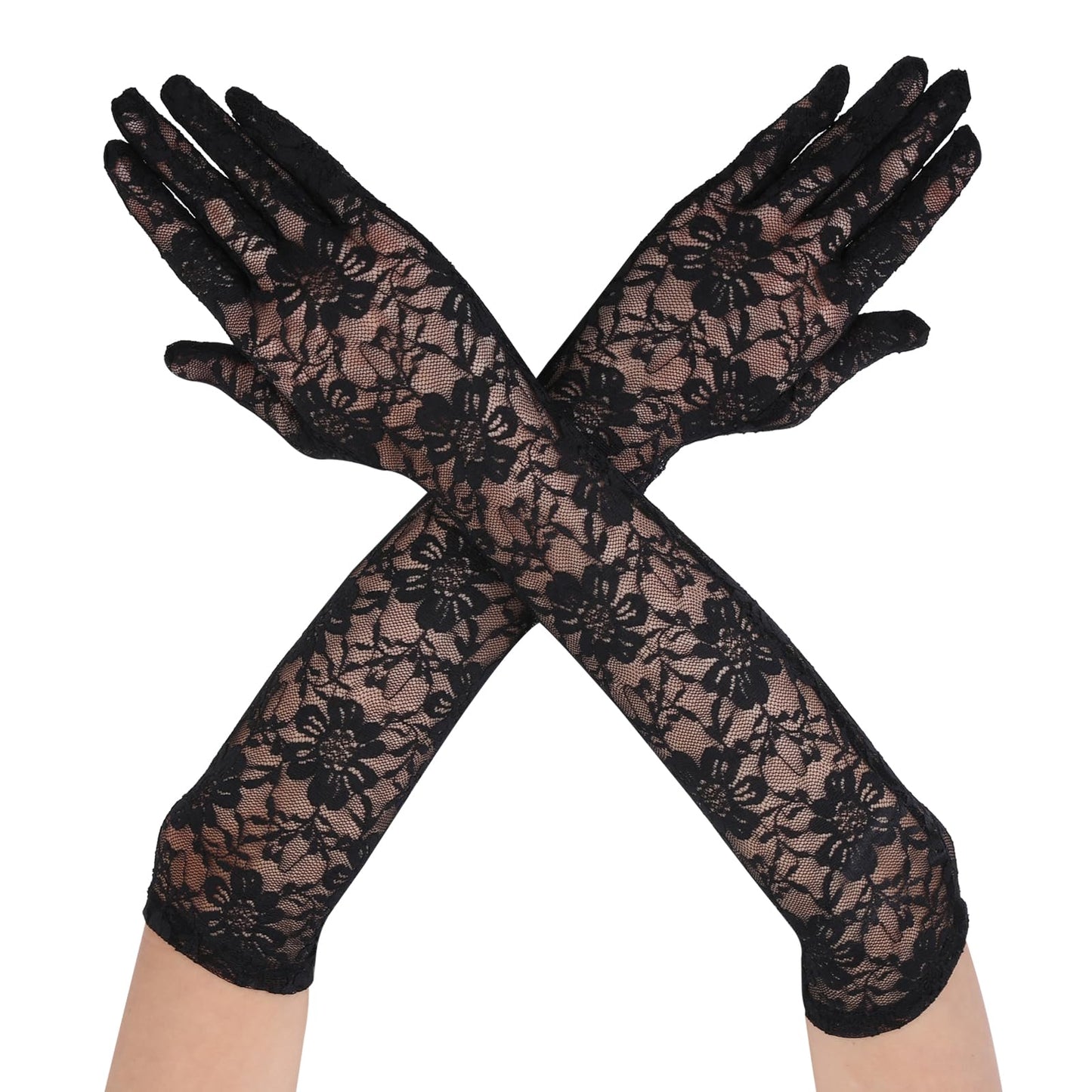 Women's Long Lace Floral Gloves Elbow Length Gloves Bridal Dance Gloves Stretchy Wedding Tea Party Gloves 1920s Costume(Black)