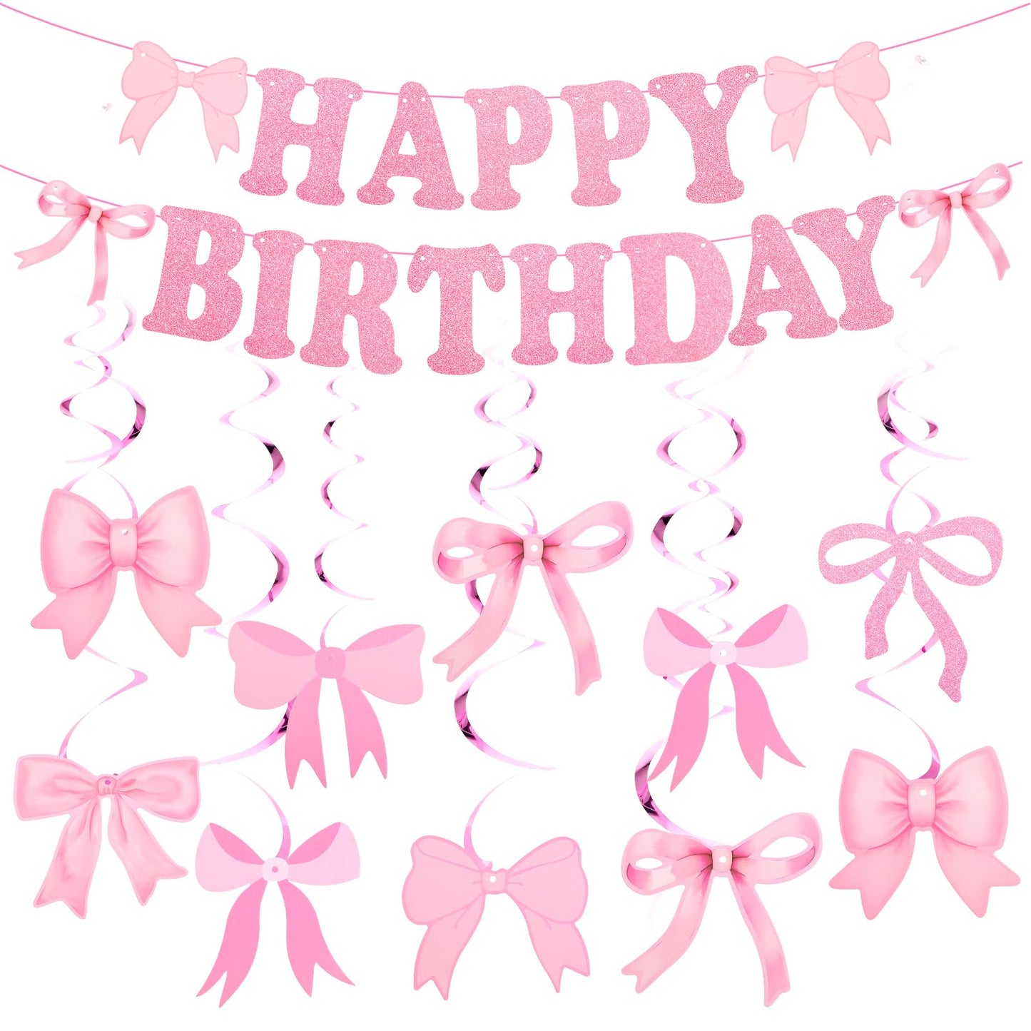 Pink Bow Birthday Party Decorations Pink Bow Happy Birthday Banner Set Birthday Decorations for Girls Cute Pink Happy Birthday Banner with Hanging Swirls Decor Supplies Pink Birthday Decorations