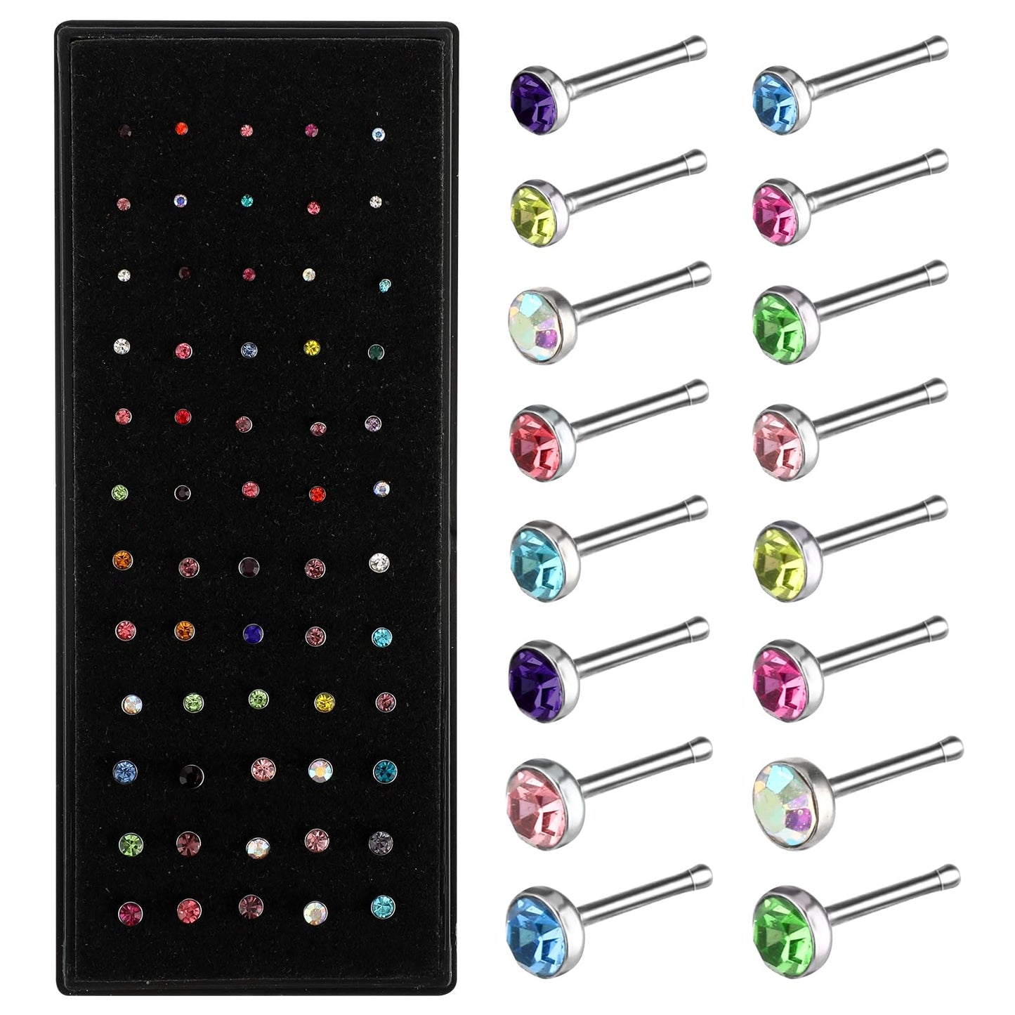 60pcs Nose Stud for Women Straight Nose Studs Silver Surgical Steel Nose Stud Small Nose Piercing Jewellery Small Diamond Tiny Nose Stud Ring 1.5/2.0/2.5mm (Multicolor)