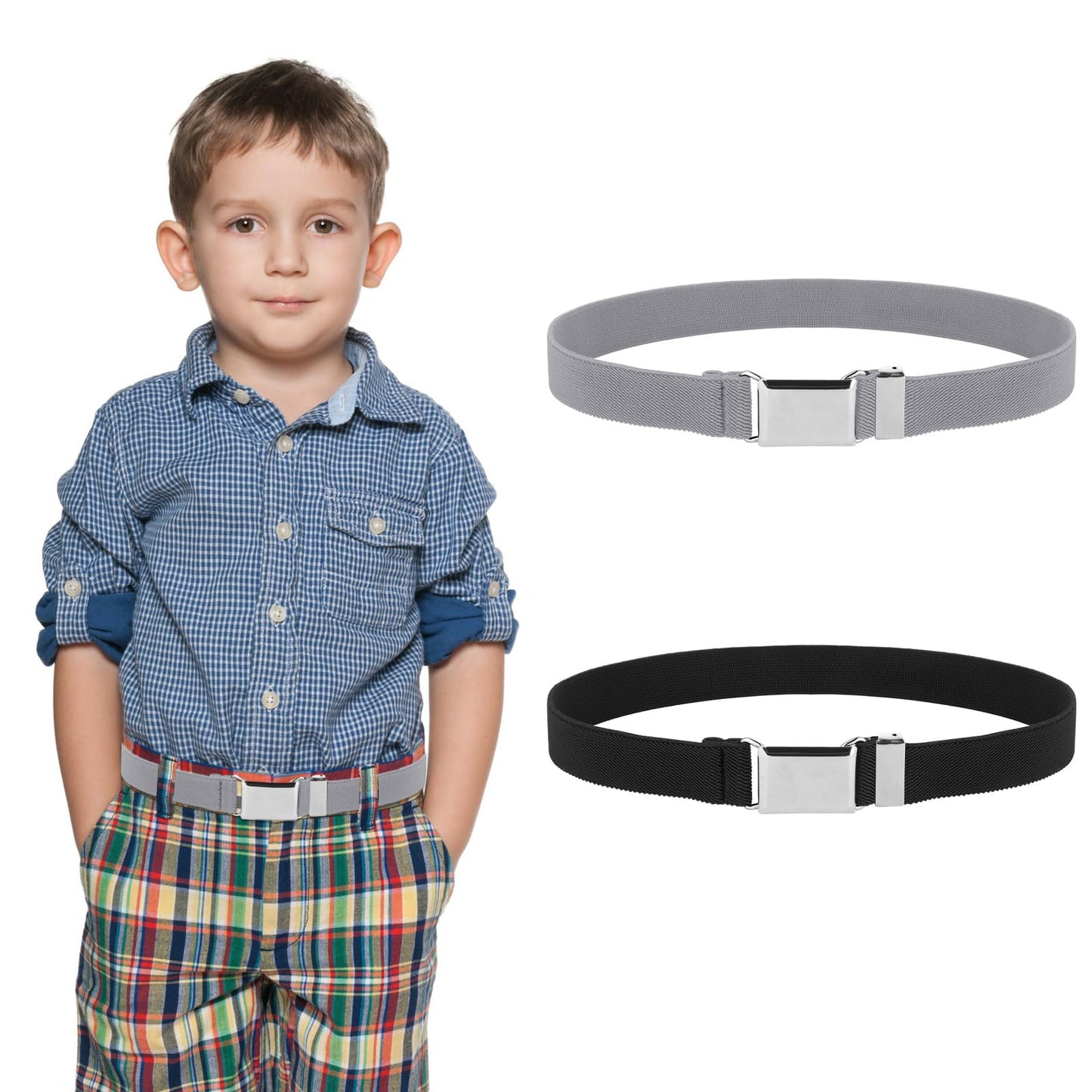 Lusofie 2Pcs Elastic Stretch Kids Belt with Easy Silver Square Buckle Adjustable Toddler Belt for Boys and Girls(Black, Grey)