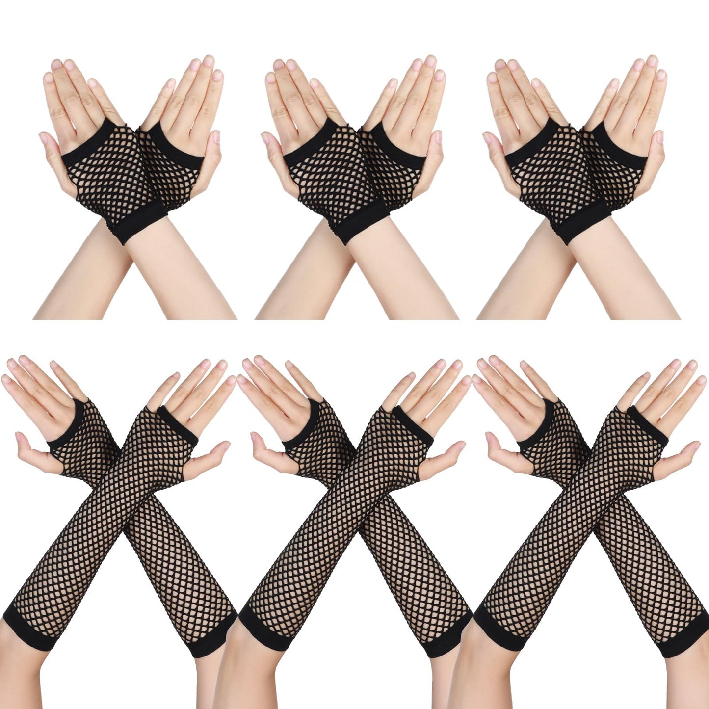 HaiFafafaing 6 Pairs Black Fishnet Gloves Fingerless Fish Net Arm Sleeves 80s 90s Long and Short Fingerless Mesh Gloves For Women Halloween Party Cosplay Costume Accessories
