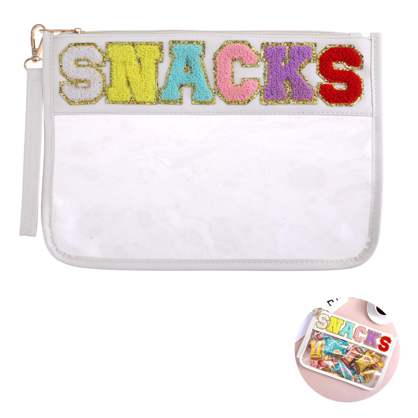 Chenille Letter Clear Zipper Flat Pouch,Snack Bags Pouch, Chenille Letter Bag, Transparent Waterproof Stuff Cosmetic Bags, Clear Travel Bags, Clear Beach Bag,Cosmetic Toiletry Storage Bag for Women